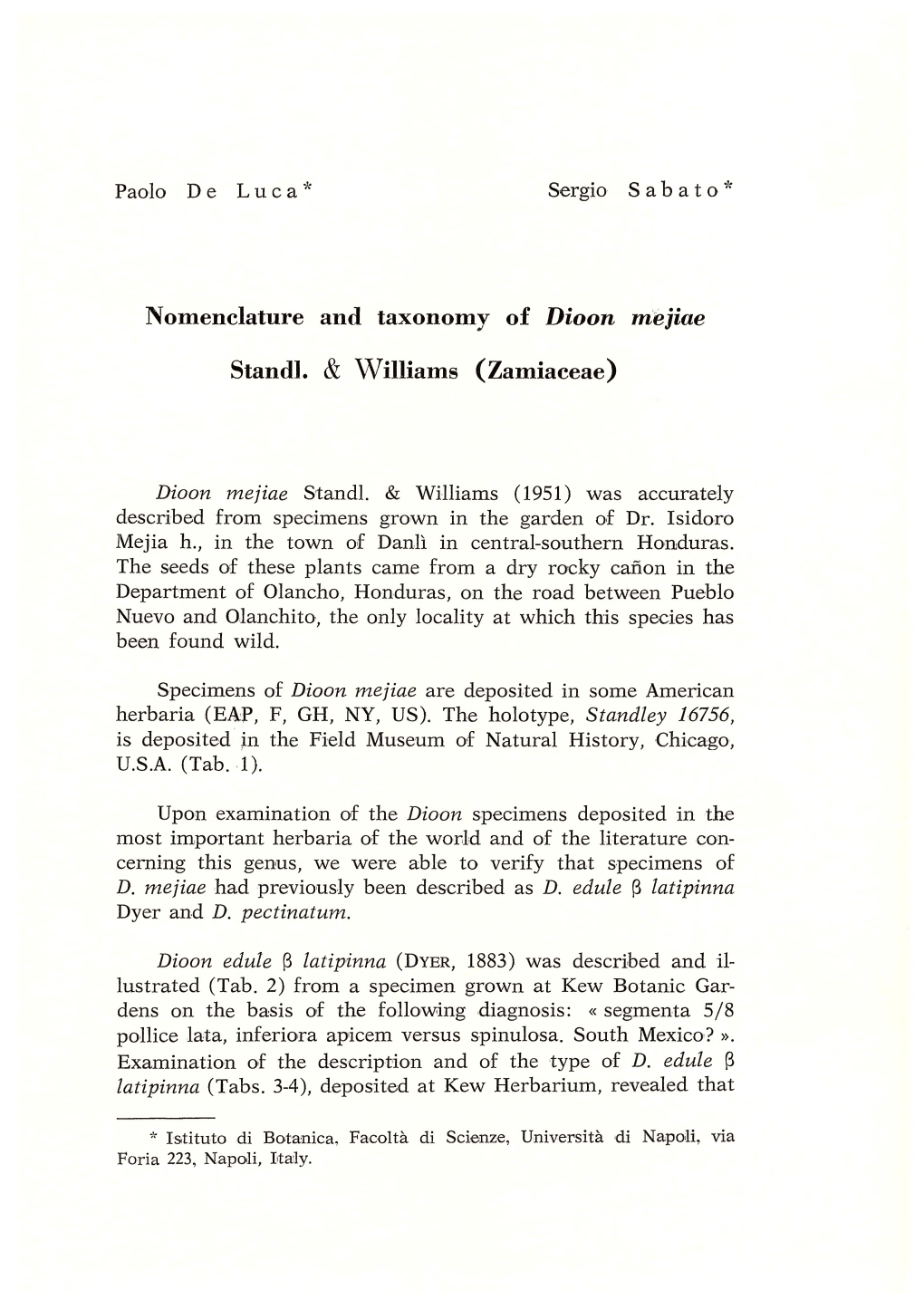 Nomenclature and Taxonomy of Dioon Mejiae Stand!. & Williams