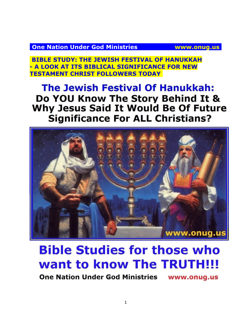 One Nation Under God Ministries .BIBLE STUDY: the JEWISH FESTIVAL of HANUKKAH