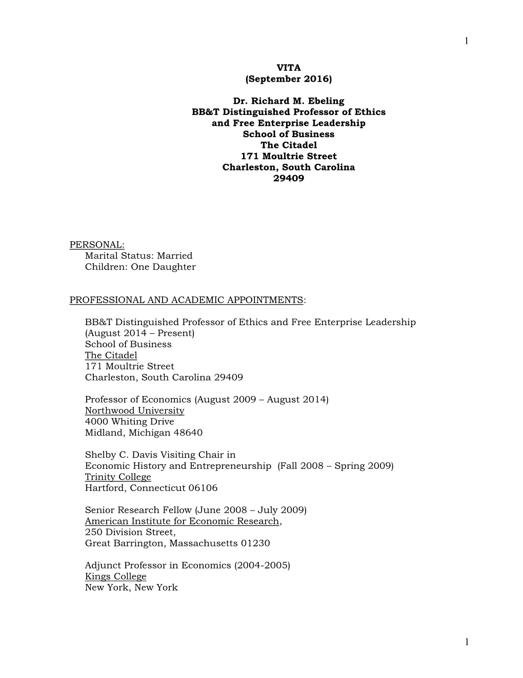 VITA (September 2016) Dr. Richard M. Ebeling BB&T Distinguished
