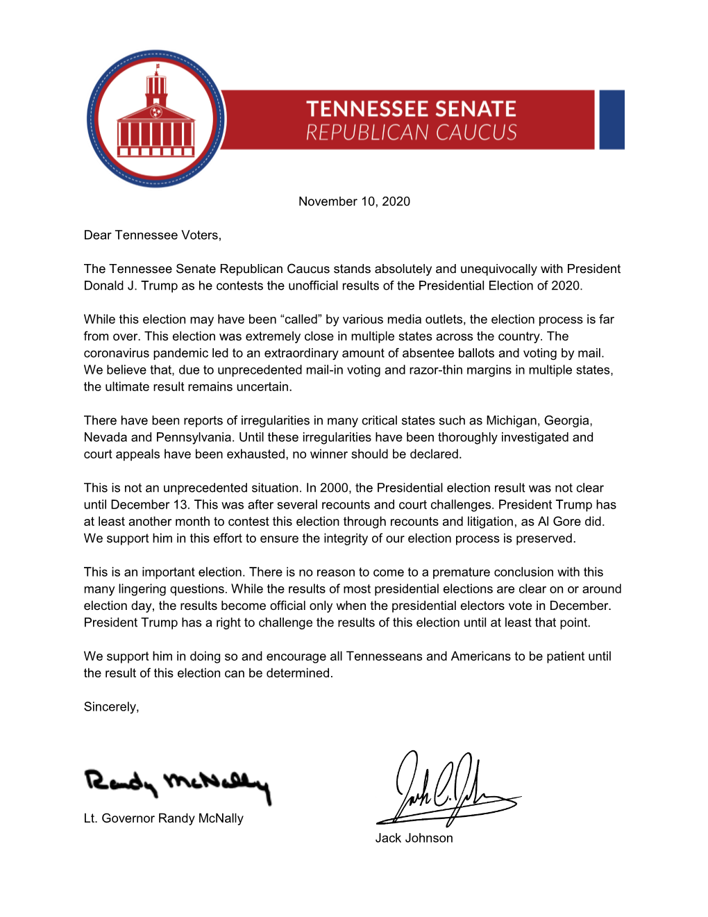 TN Senate GOP Letter Supporting Pres. Trump