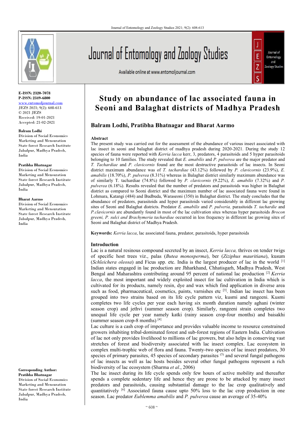 Study on Abundance of Lac Associated Fauna in Seoni and Balaghat Districts of Madhya Pradesh