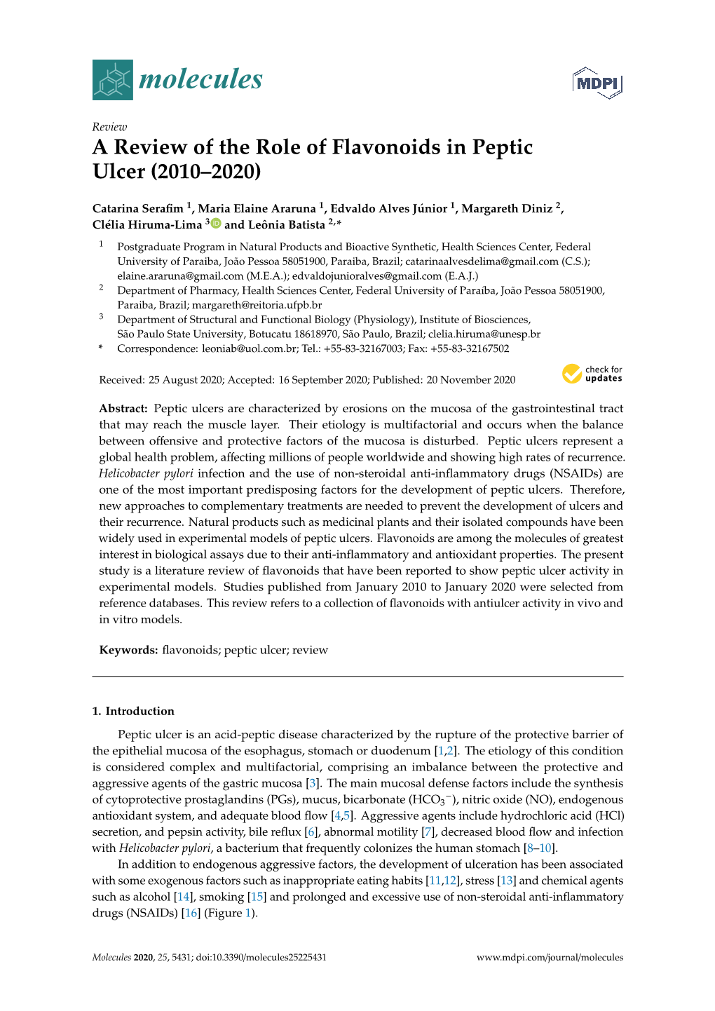 A Review of the Role of Flavonoids in Peptic Ulcer (2010–2020)