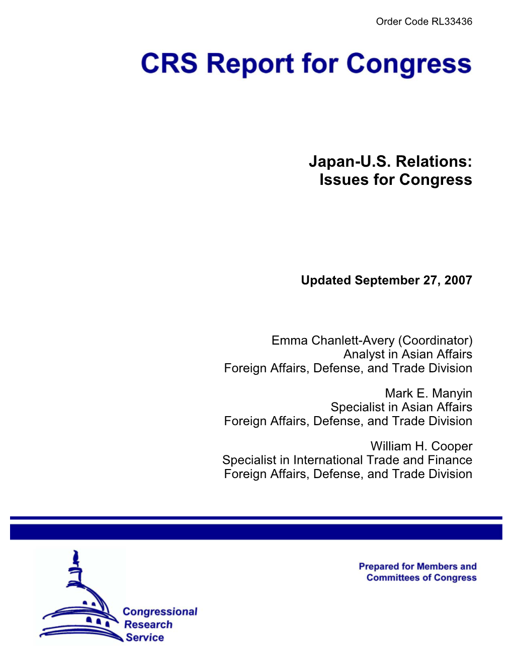 Japan-US Relations: Issues for Congress