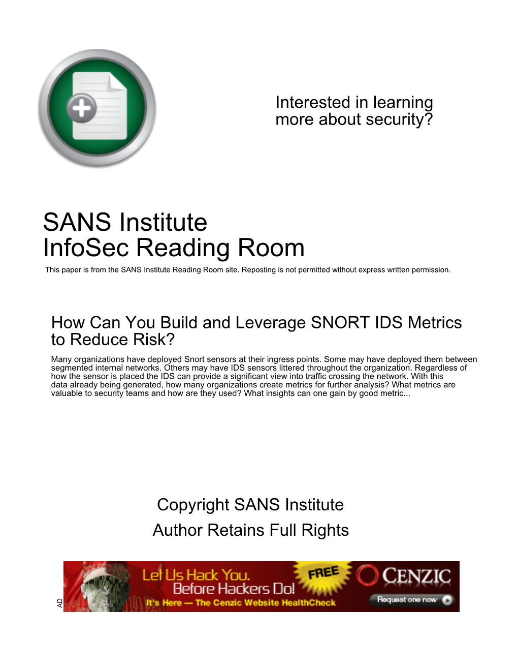 How Can You Build and Leverage SNORT IDS Metrics to Reduce Risk?