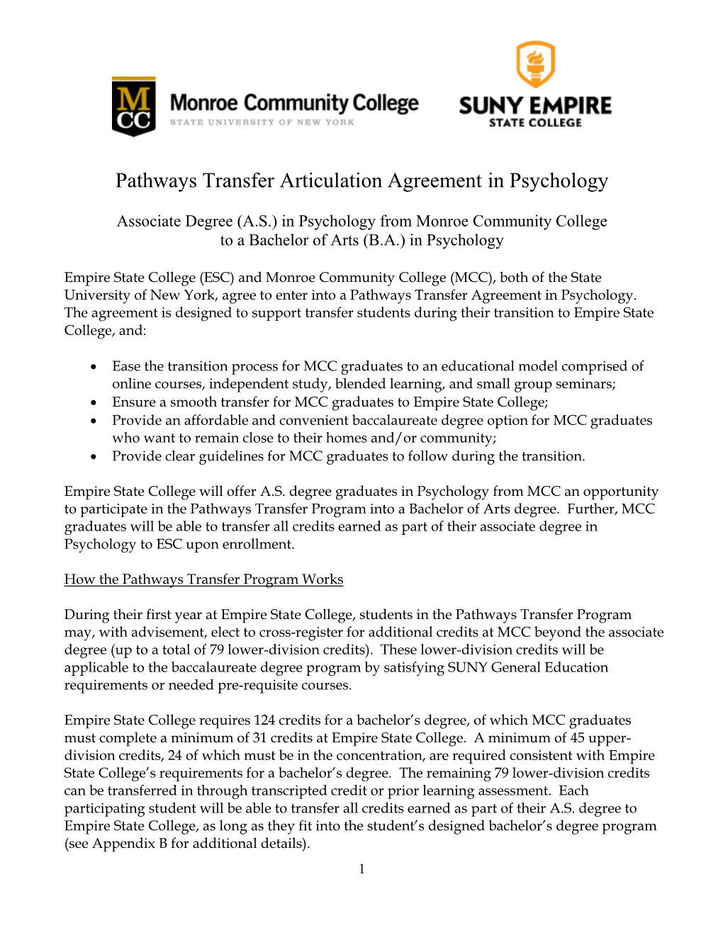 Pathways Transfer Articulation Agreement in Psychology