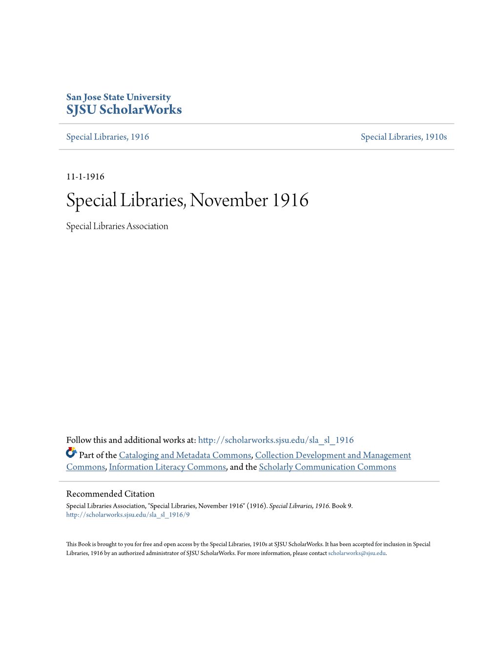 Special Libraries, November 1916 Special Libraries Association