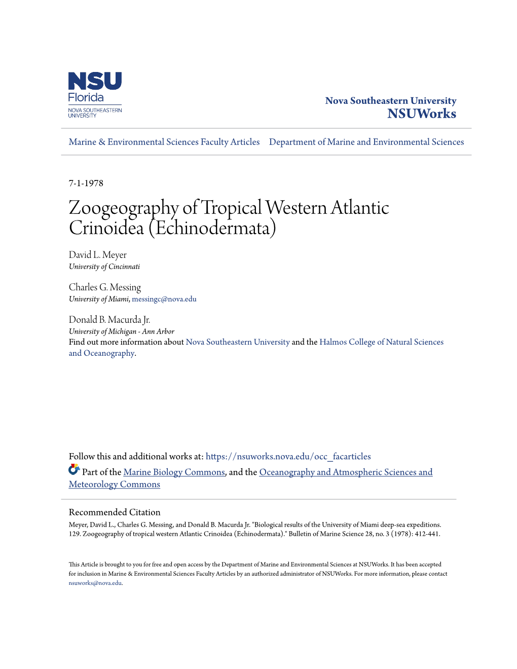 Zoogeography of Tropical Western Atlantic Crinoidea (Echinodermata) David L