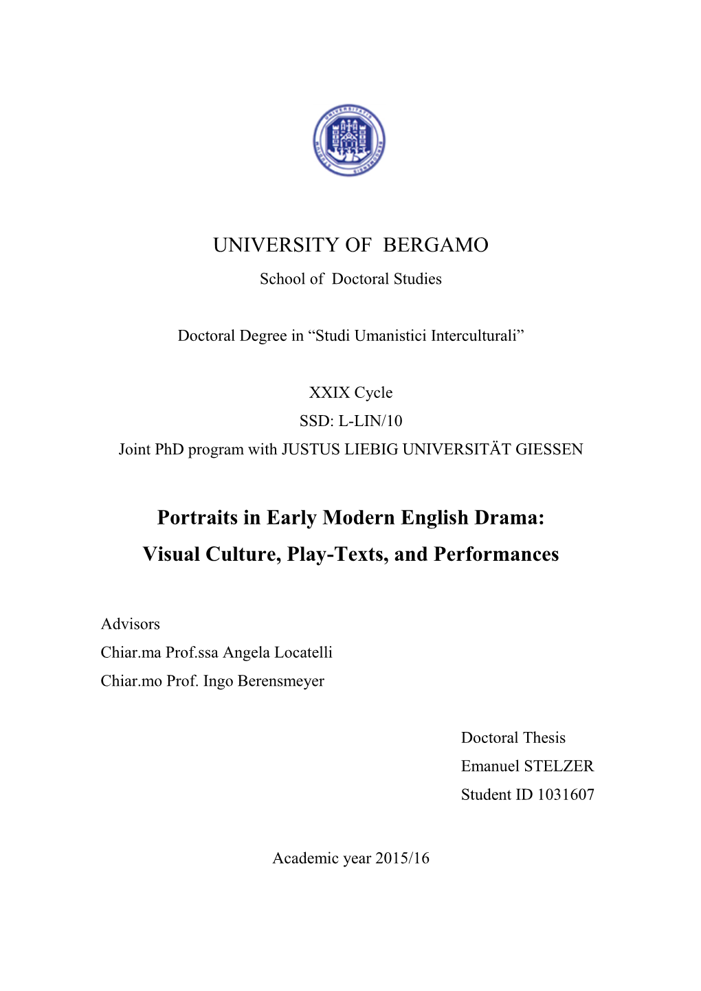 UNIVERSITY of BERGAMO Portraits in Early Modern English