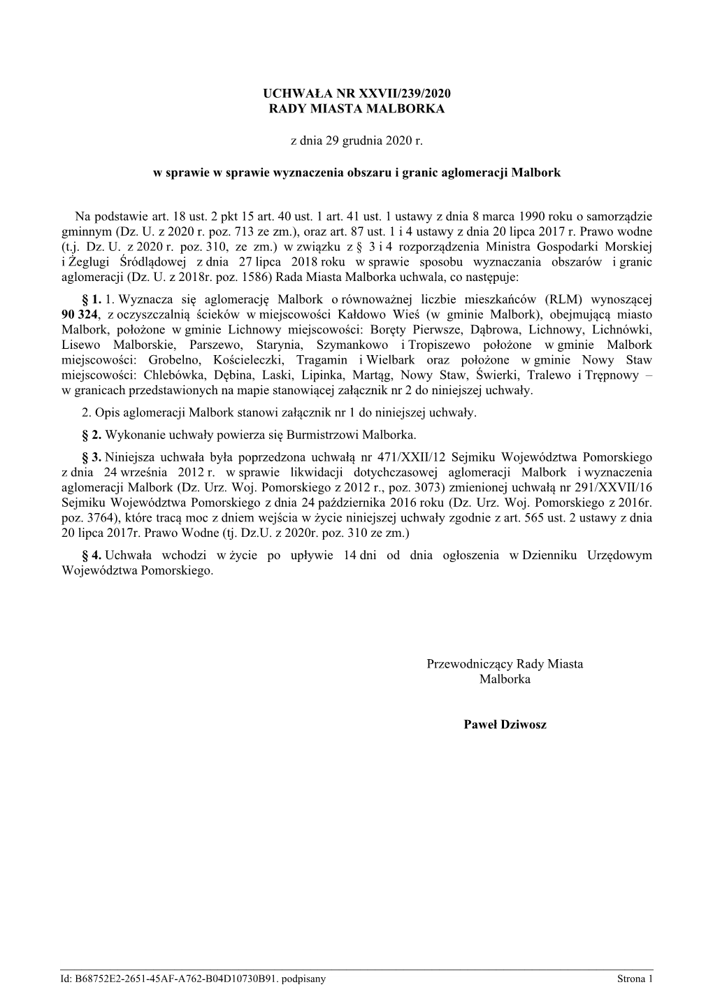 Uchwała Nr Xxvii/239/2020 Rady Miasta Malborka