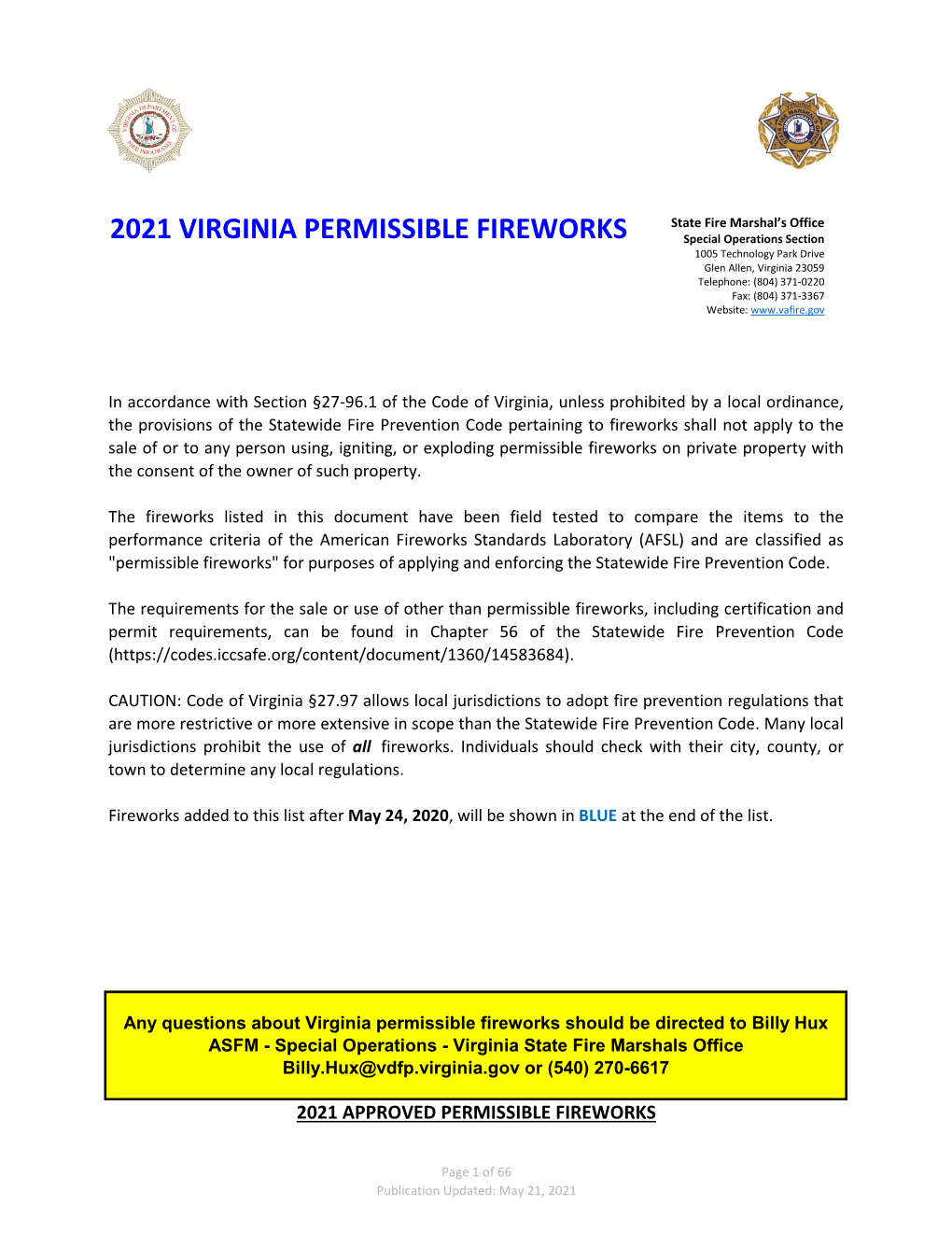 2021 Virginia Permissible Fireworks List