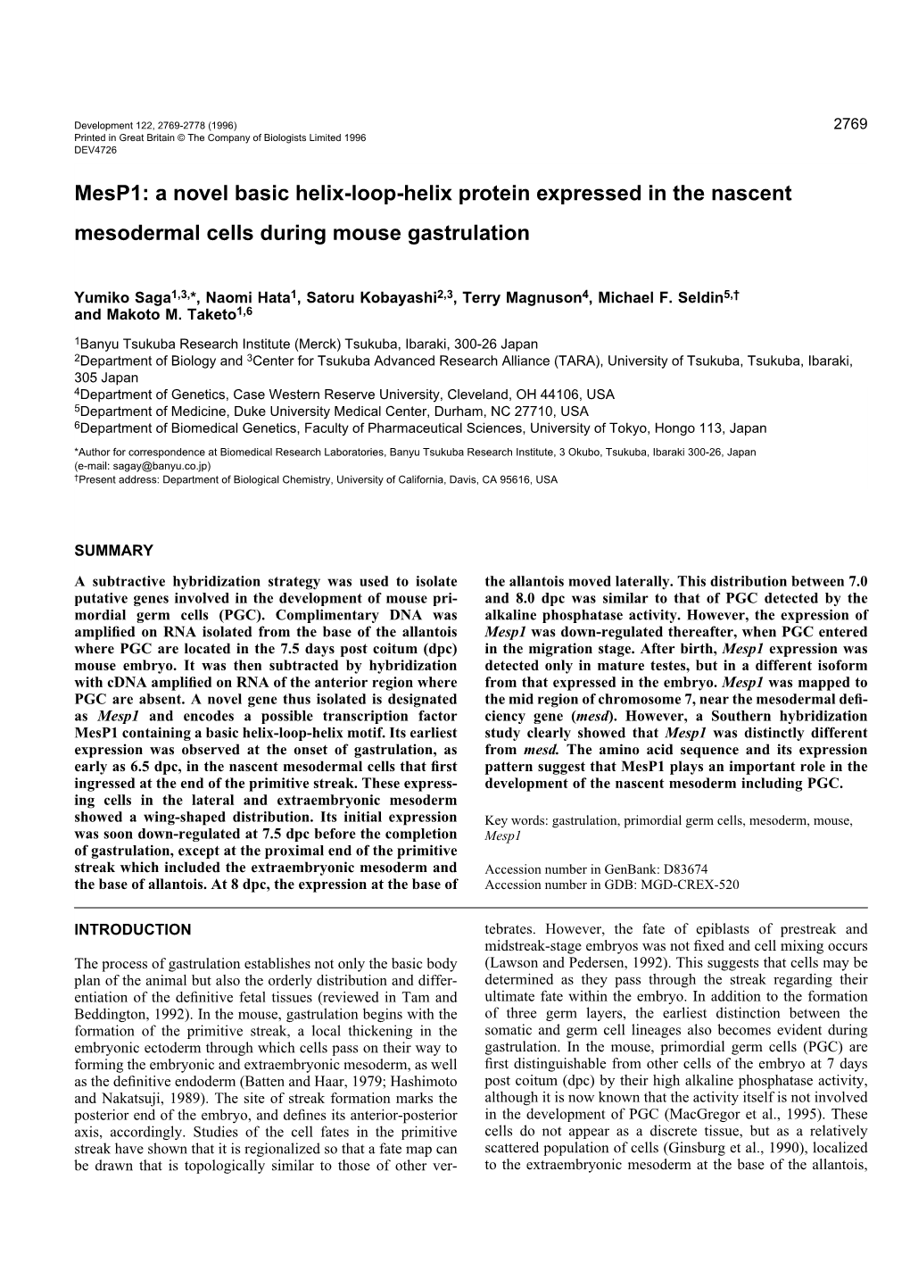 Mesp1: a Novel Basic Helix-Loop-Helix Protein Expressed in the Nascent Mesodermal Cells During Mouse Gastrulation