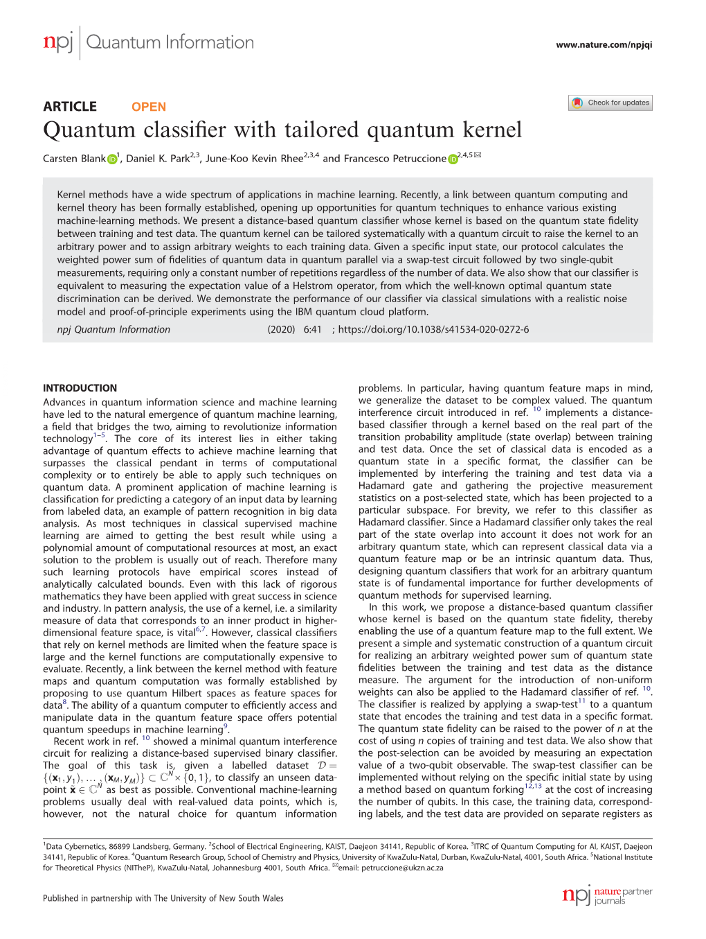 Quantum Classifier with Tailored Quantum Kernel