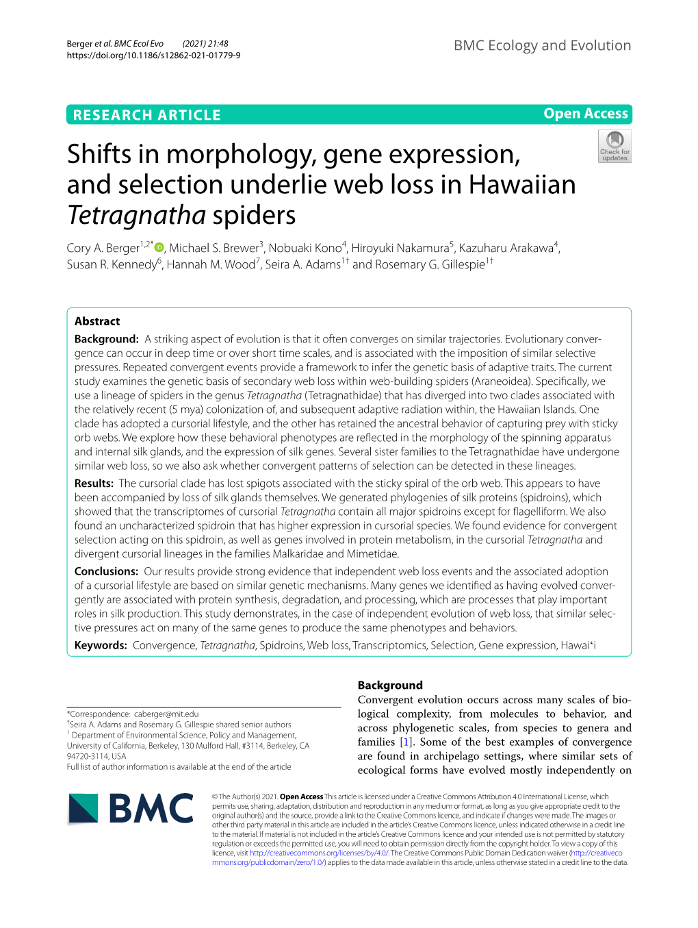 Shifts in Morphology, Gene Expression, and Selection Underlie Web Loss in Hawaiian Tetragnatha Spiders Cory A
