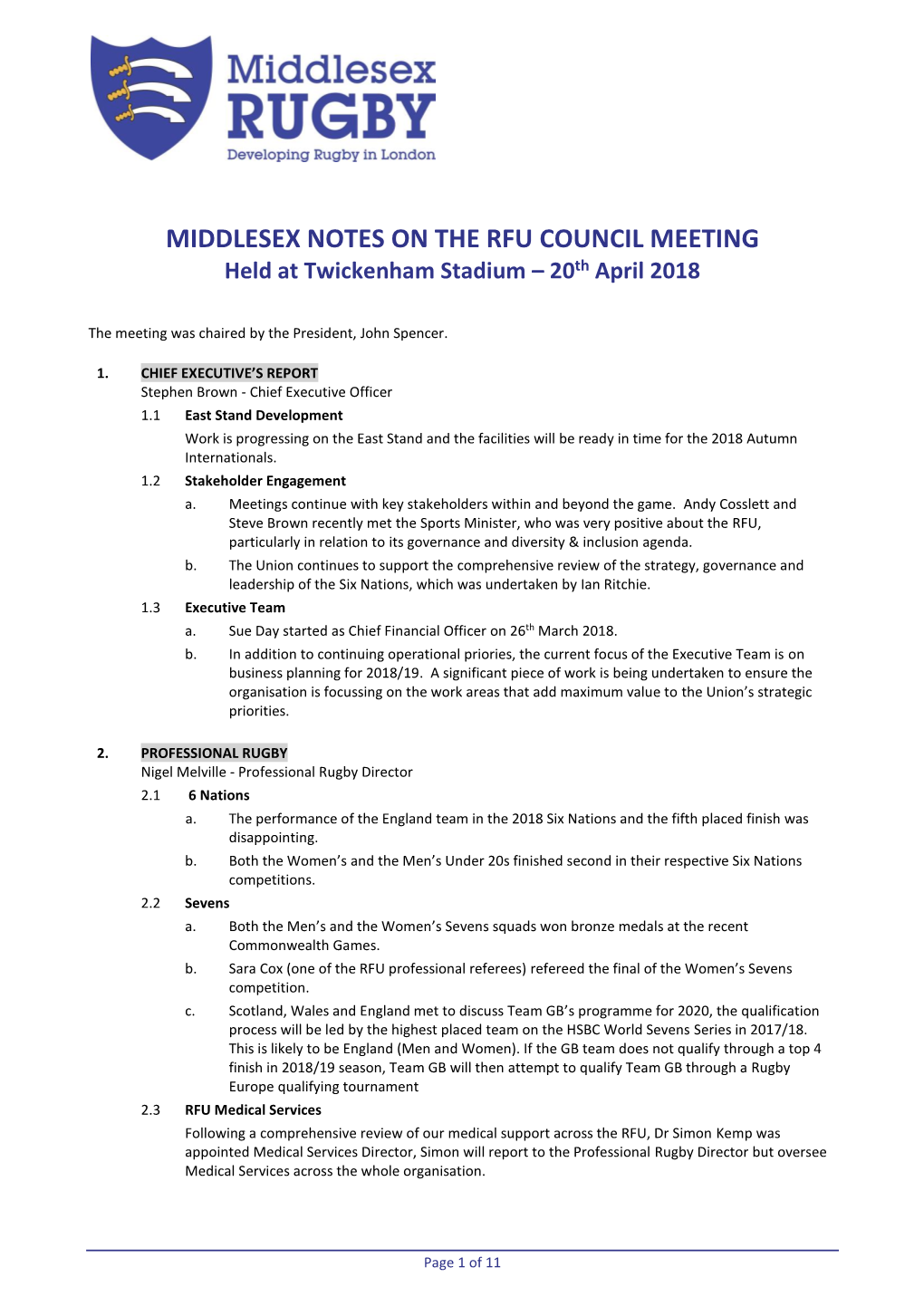 MIDDLESEX NOTES on the RFU COUNCIL MEETING Held at Twickenham Stadium – 20Th April 2018