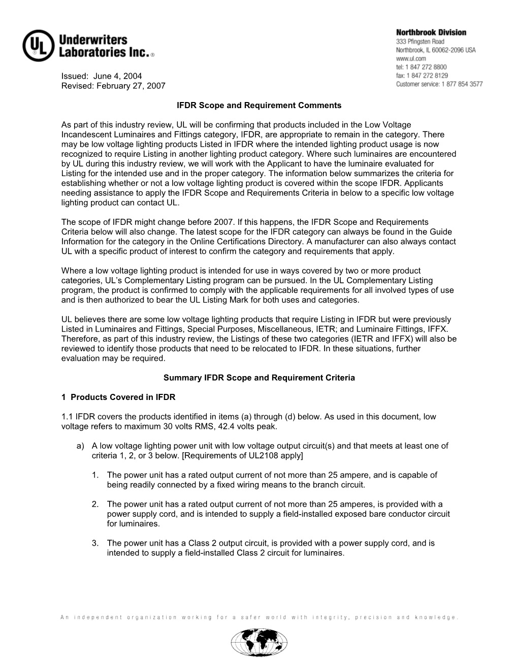 IFDR Scope and Requirement Comments