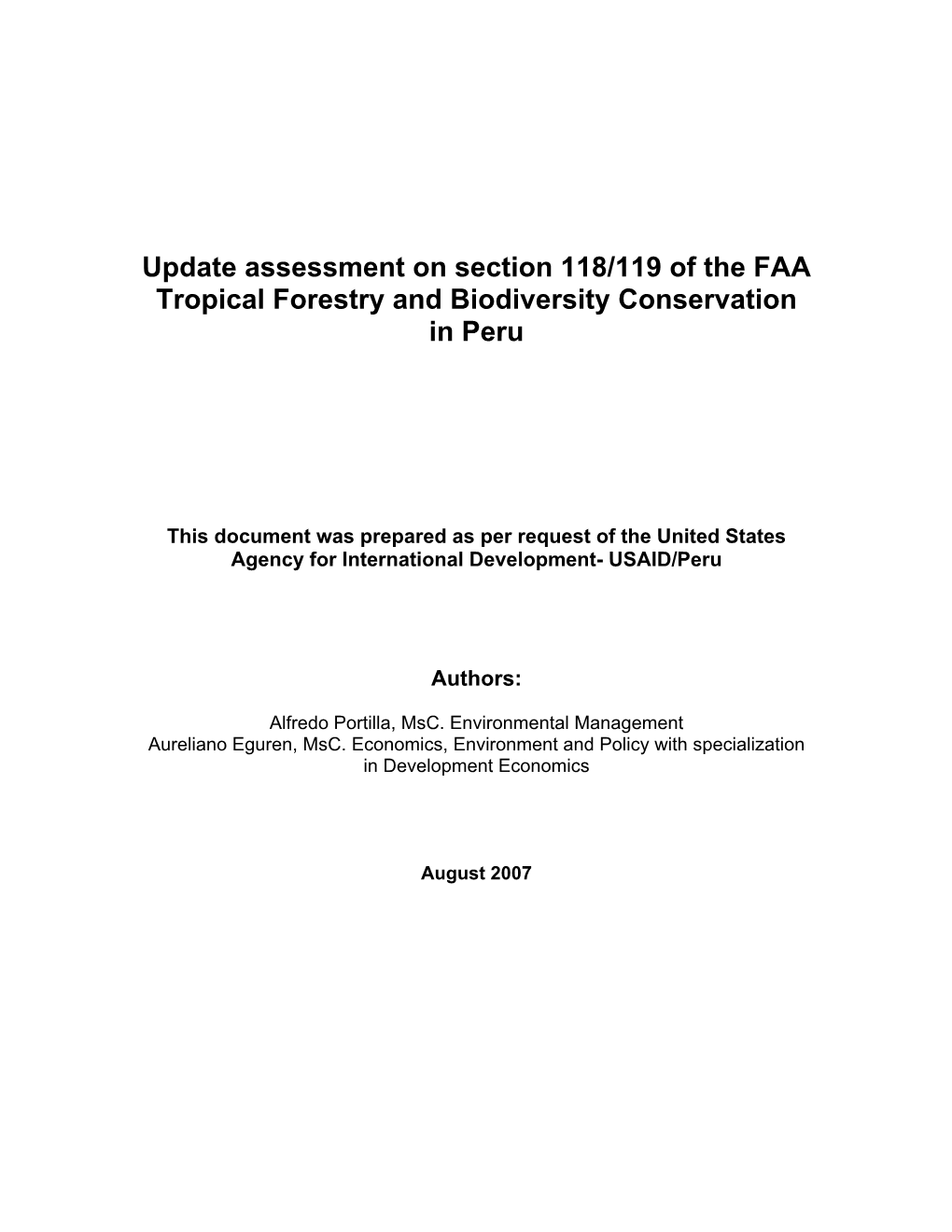 Update Assessment on Section 118/119 of the FAA Tropical Forestry and Biodiversity Conservation in Peru