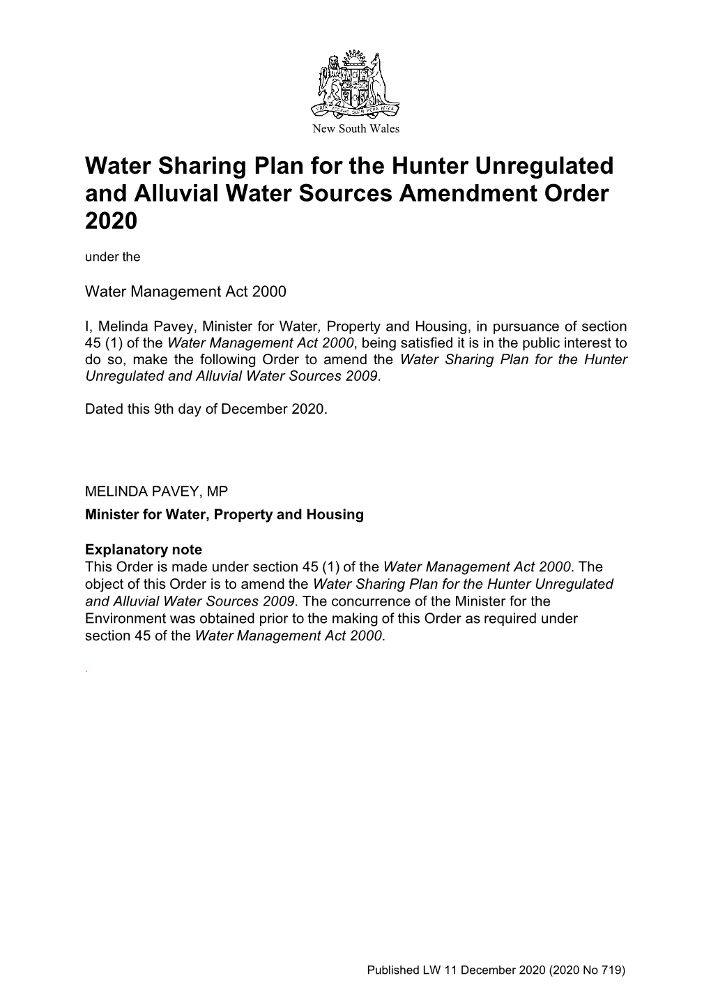 Water Sharing Plan for the Hunter Unregulated and Alluvial Water Sources Amendment Order 2020 Under The