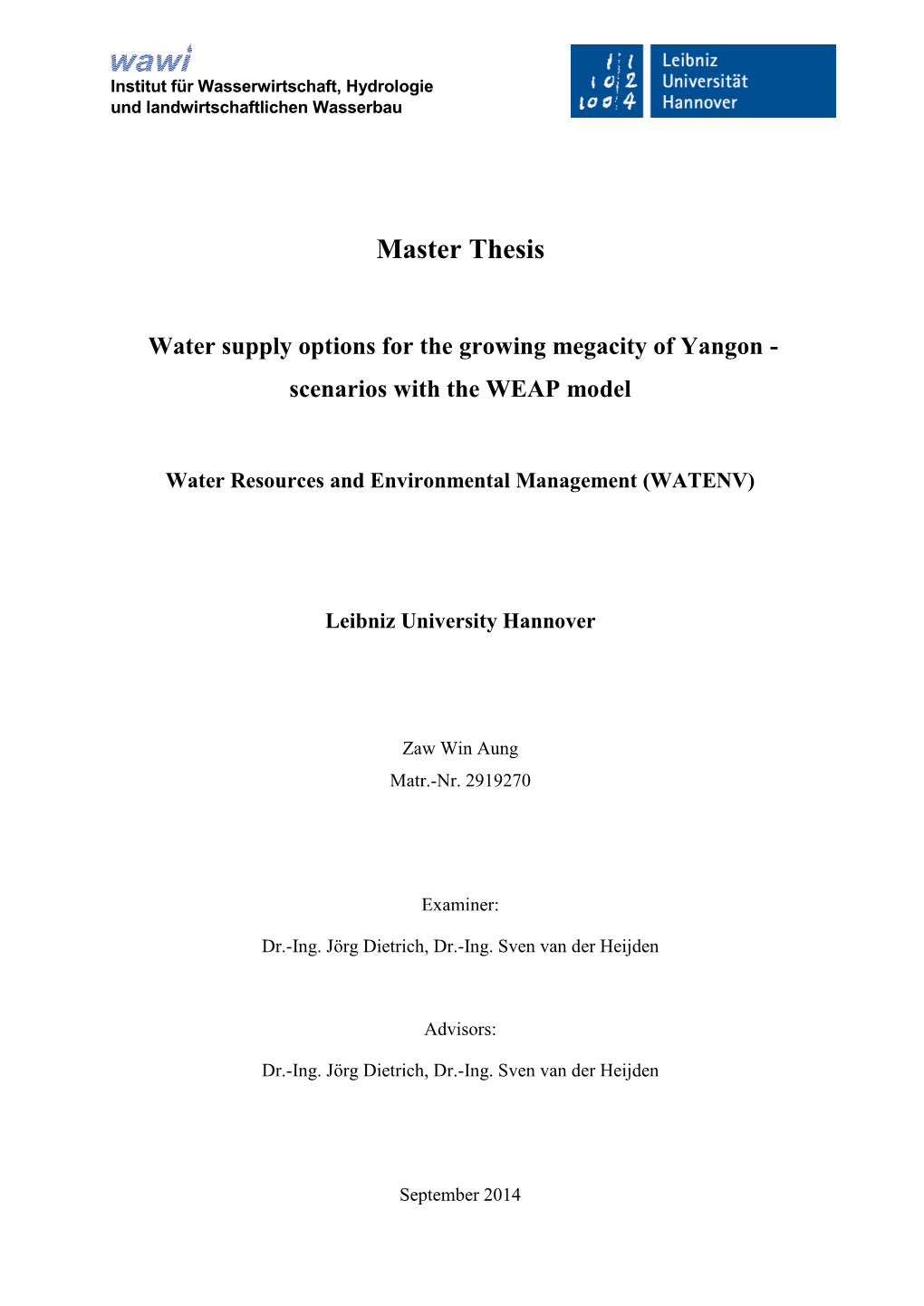 Water Supply Options for the Growing Megacity of Yangon - Scenarios with the WEAP Model