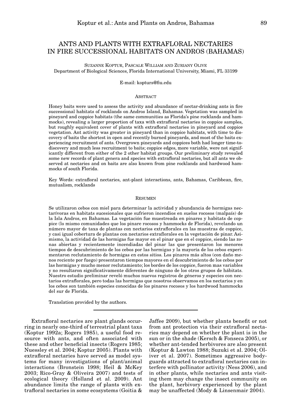 Ants and Plants with Extrafloral Nectaries in Fire Successional Habitats on Andros (Bahamas)