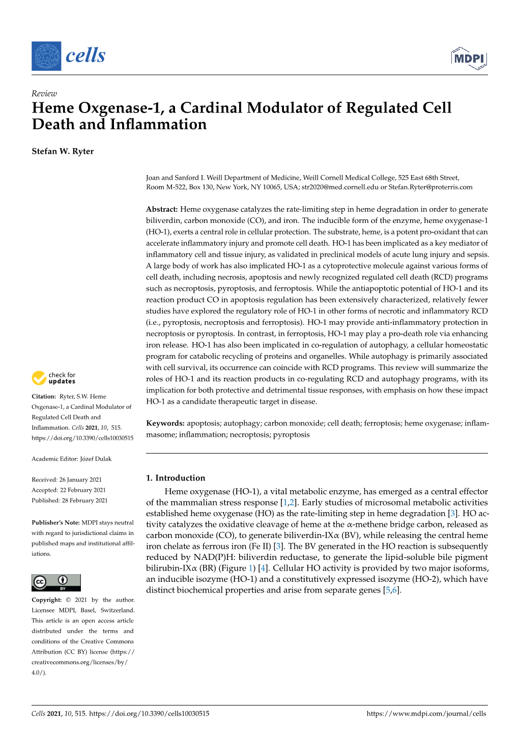 Heme Oxgenase-1, a Cardinal Modulator of Regulated Cell Death and Inﬂammation