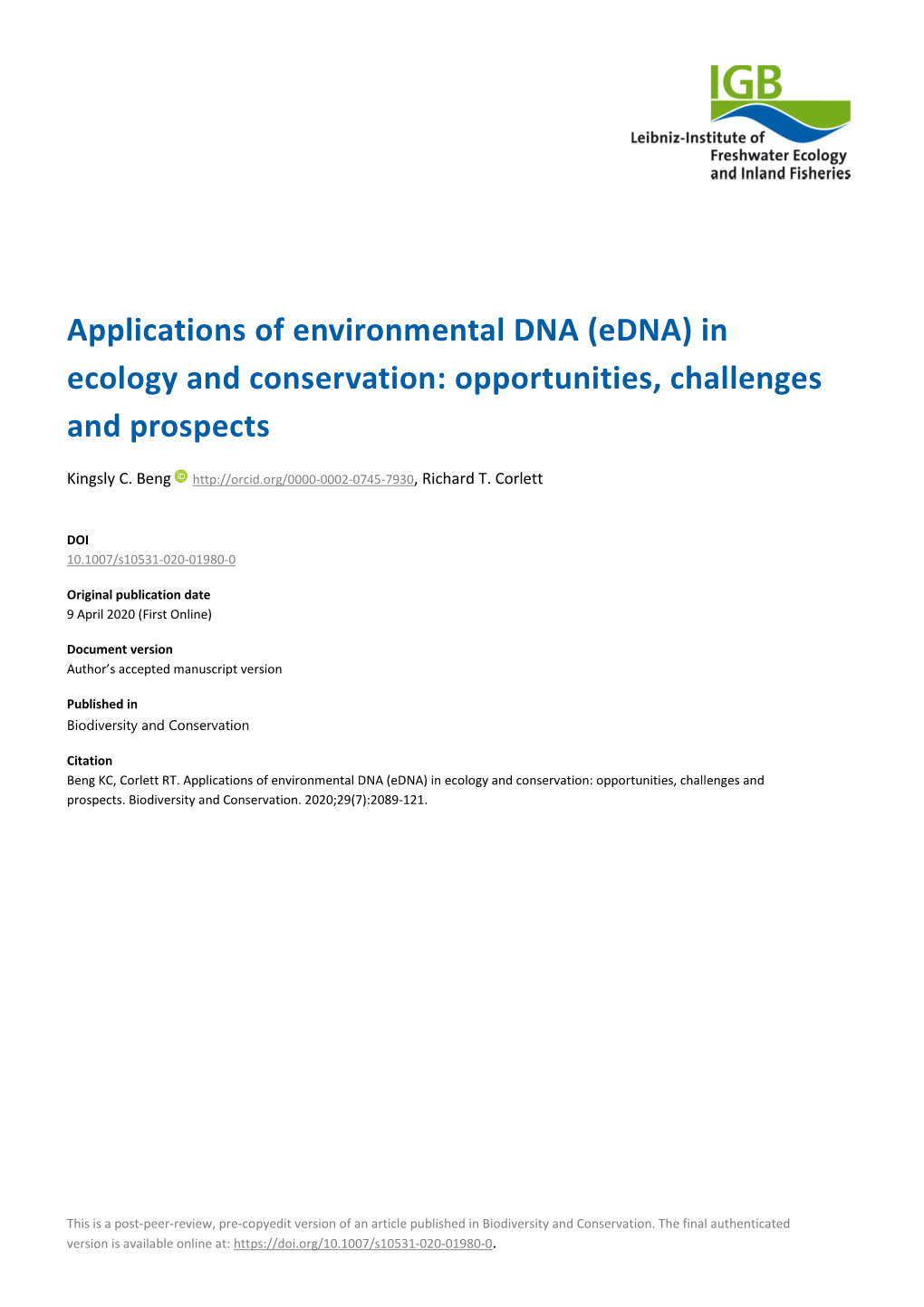 Applications of Environmental DNA (Edna) in Ecology and Conservation: Opportunities, Challenges and Prospects