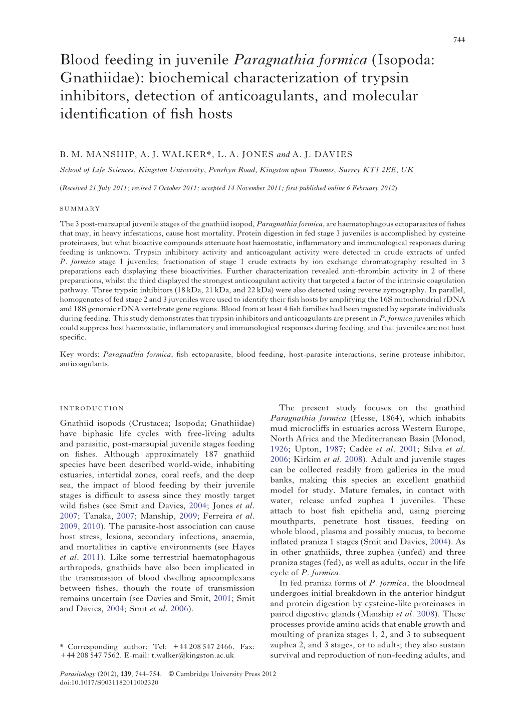 Isopoda: Gnathiidae): Biochemical Characterization of Trypsin Inhibitors, Detection of Anticoagulants, and Molecular Identiﬁcation of ﬁsh Hosts