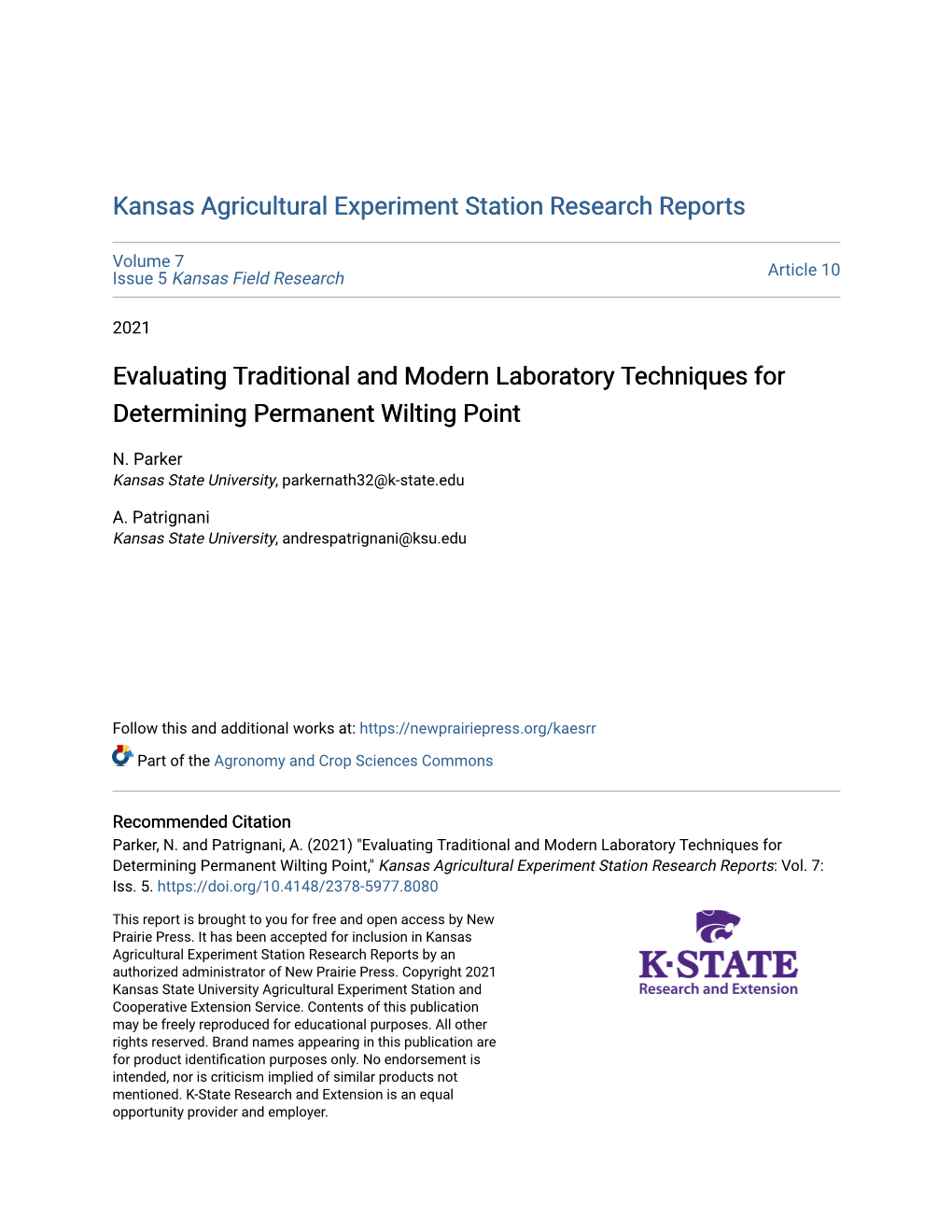 Evaluating Traditional and Modern Laboratory Techniques for Determining Permanent Wilting Point