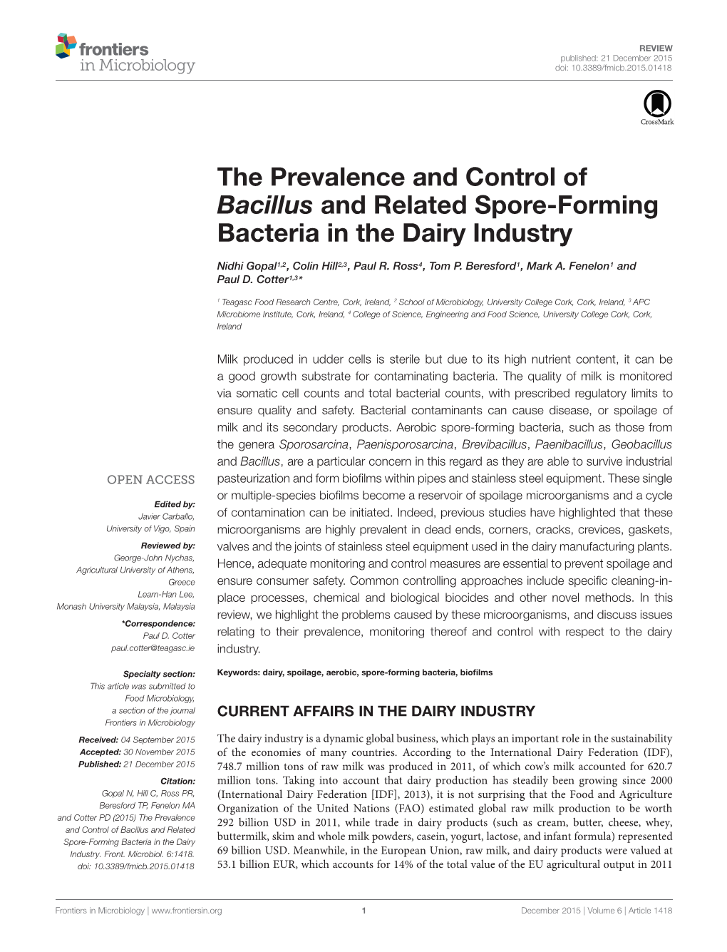 The Prevalence and Control of Bacillus and Related Spore-Forming Bacteria in the Dairy Industry