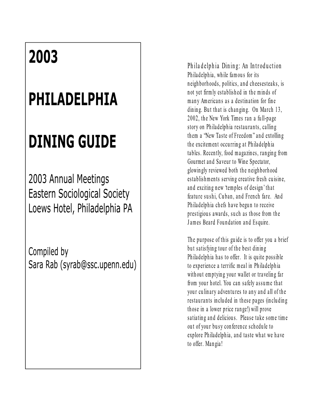 2003 Philadelphia Dining Guide