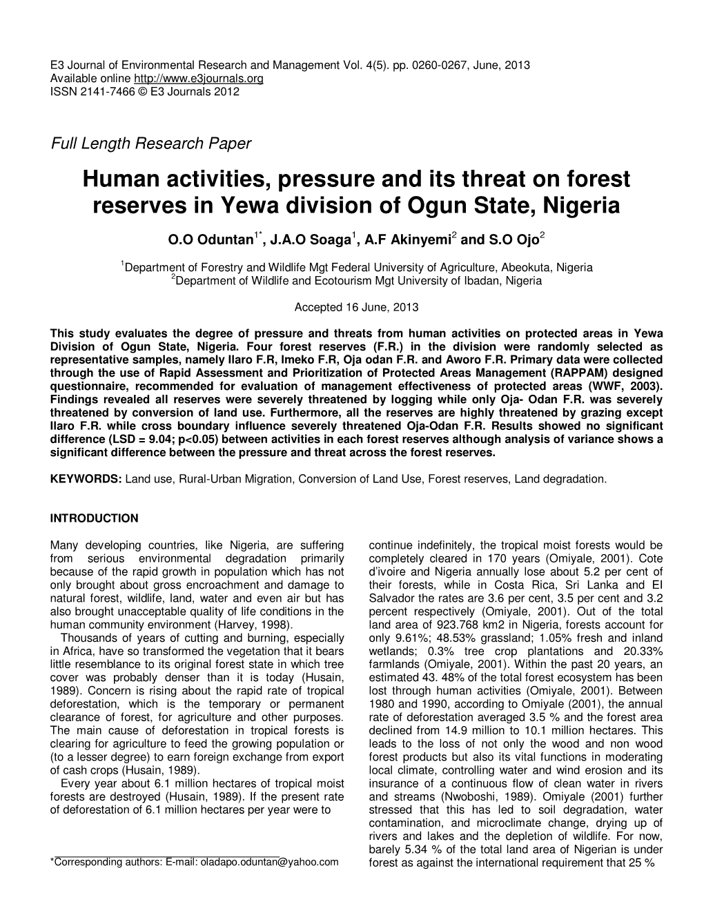 Human Activities, Pressure and Its Threat on Forest Reserves in Yewa Division of Ogun State, Nigeria