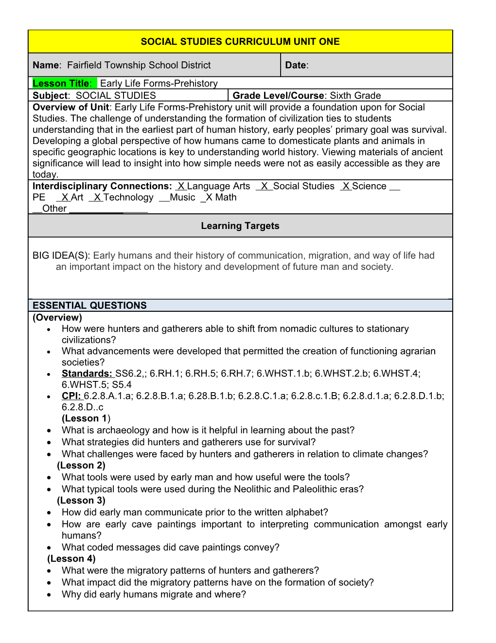 Social Studies Curriculum Unit One s1