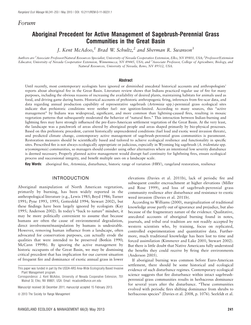 Aboriginal Precedent for Active Management of Sagebrush-Perennial Grass Communities in the Great Basin J