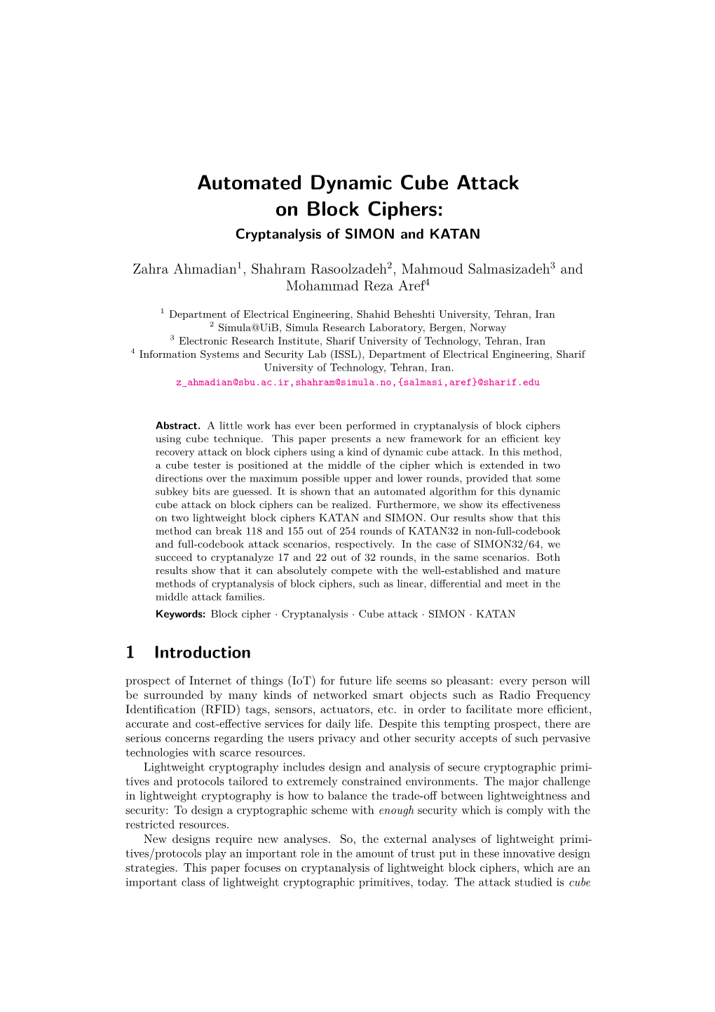 Automated Dynamic Cube Attack on Block Ciphers: Cryptanalysis of SIMON and KATAN