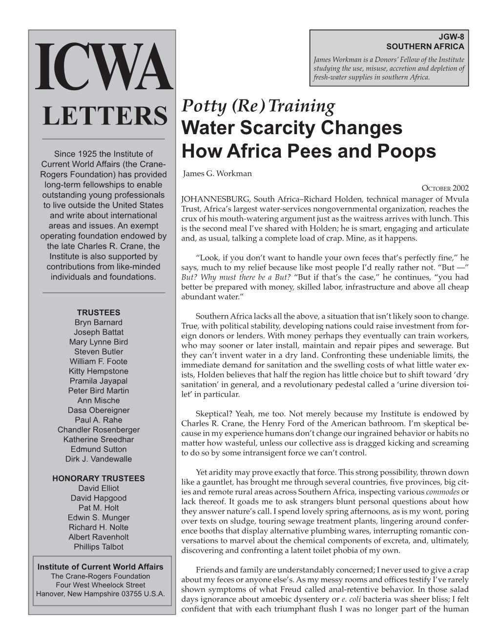 Potty (Re) Training LETTERS Water Scarcity Changes