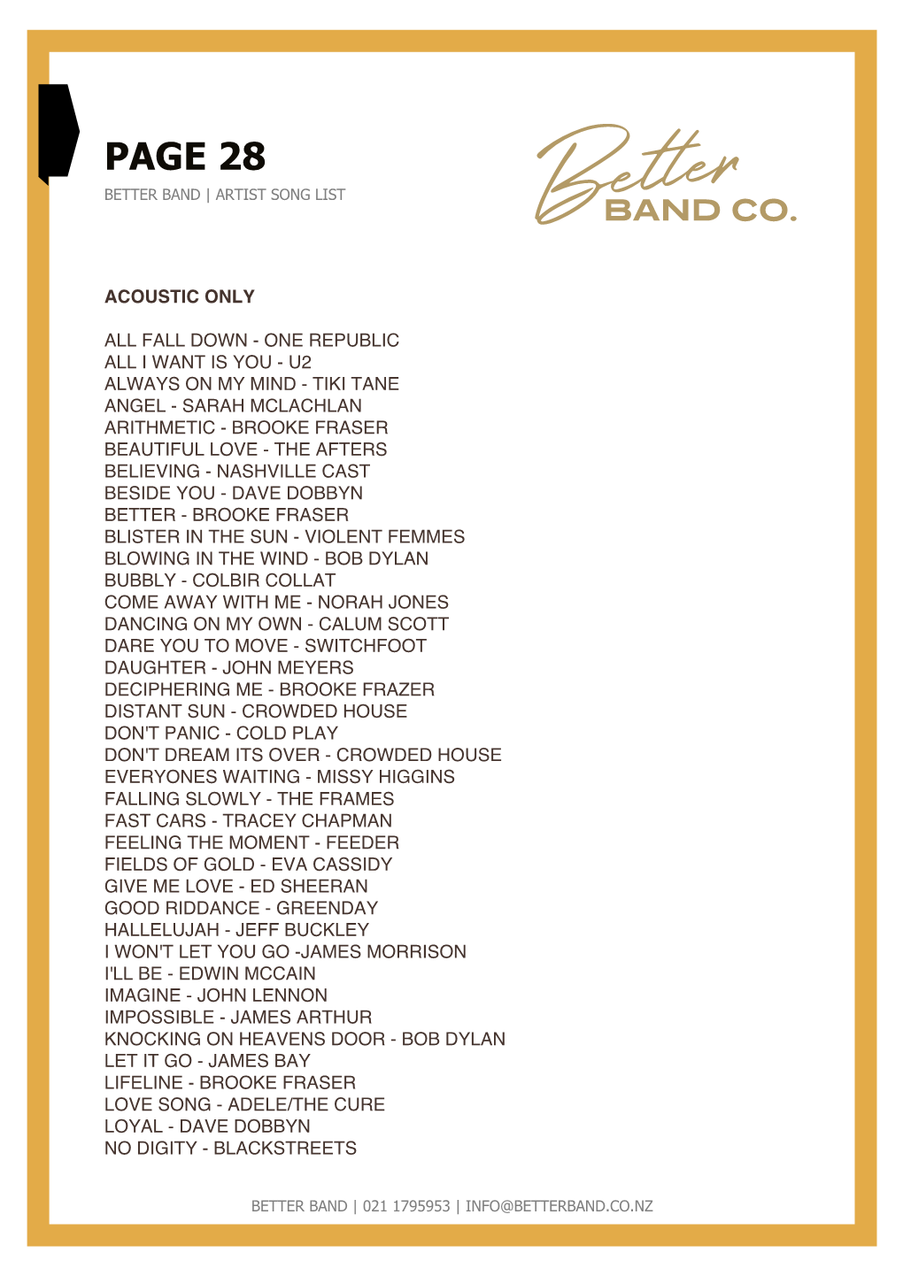 Page 28 Better Band | Artist Song List