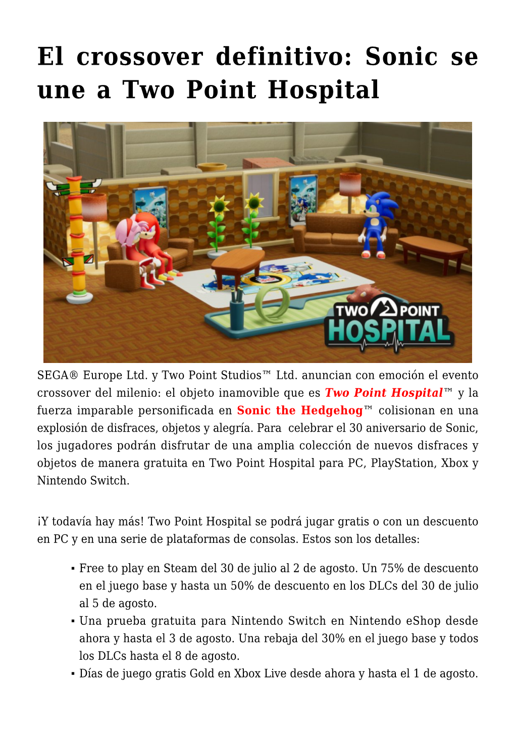 El Crossover Definitivo: Sonic Se Une a Two Point Hospital