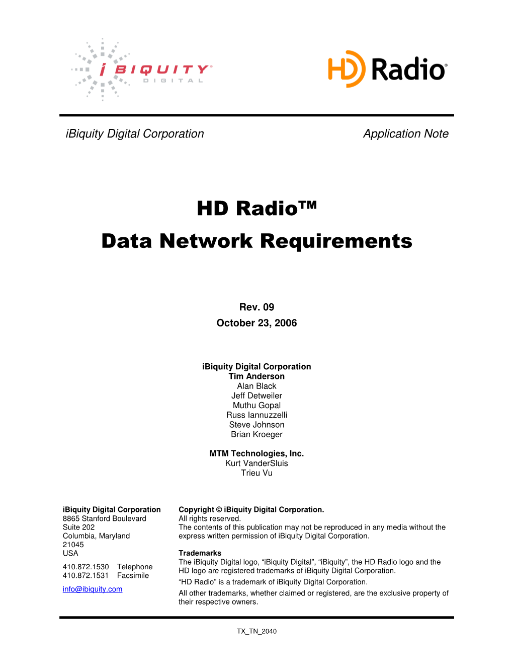 HD Radio™ Data Network Requirements