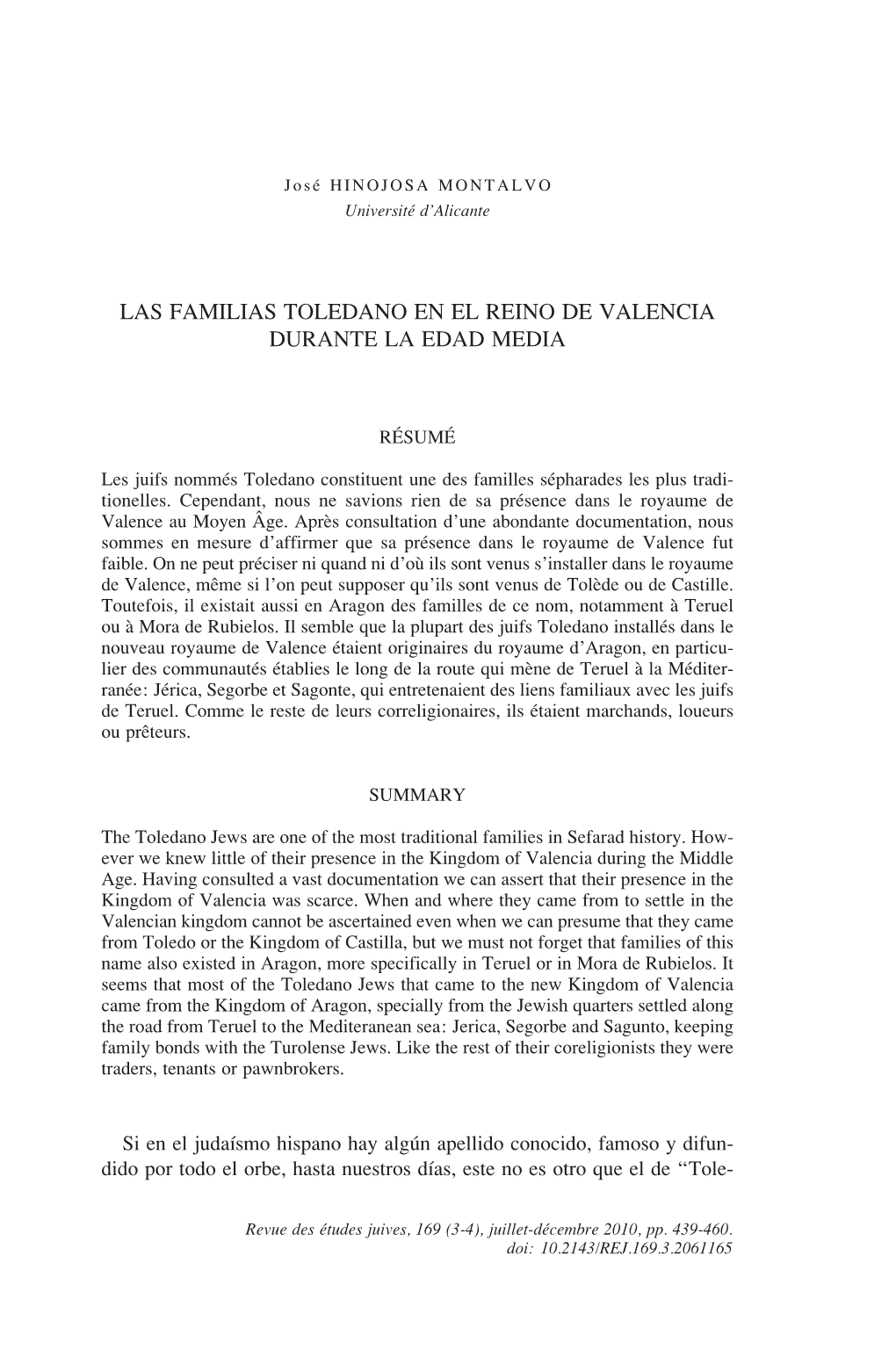 Las Familias Toledano En El Reino De Valencia Durante La Edad Media