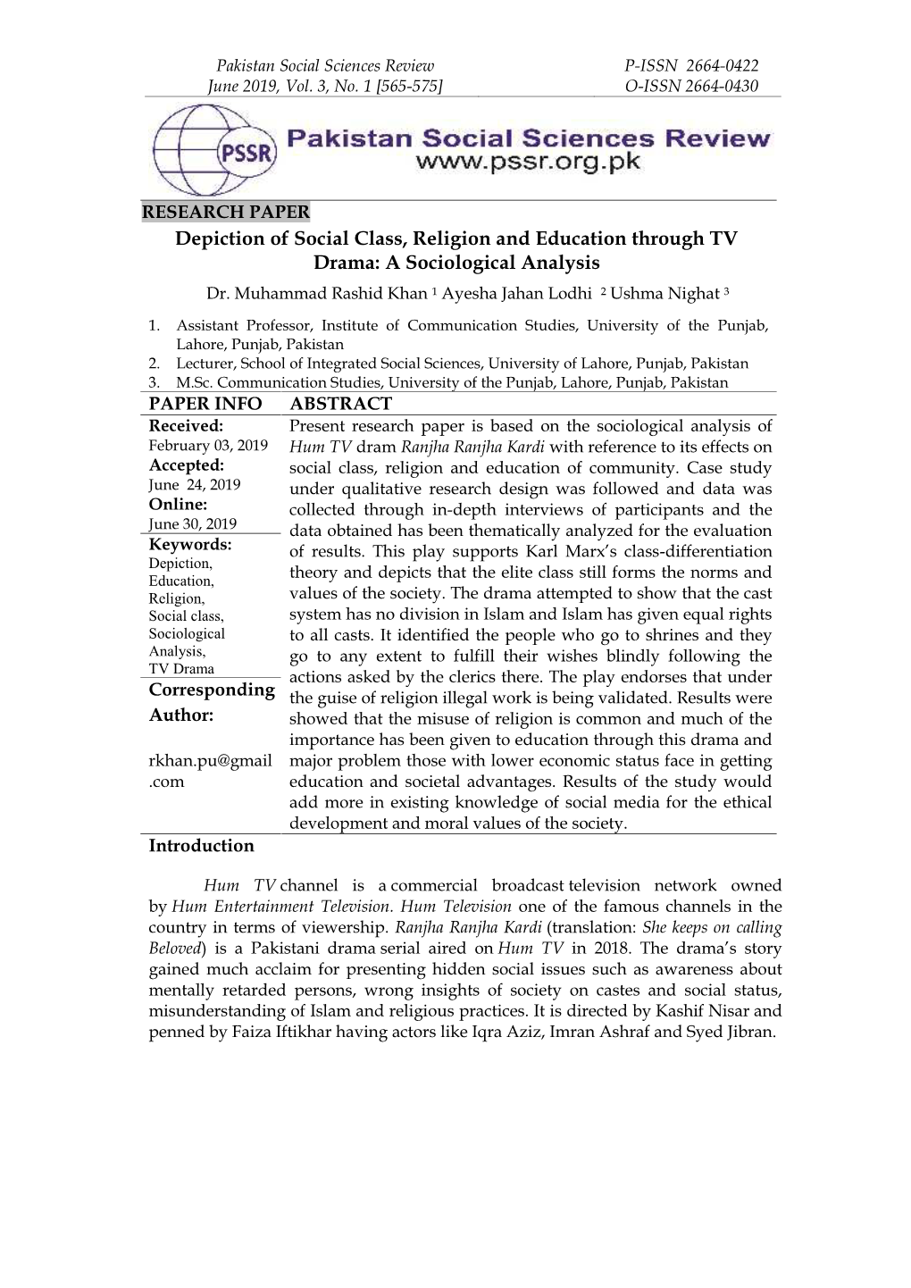 Depiction of Social Class, Religion and Education Through TV Drama: a Sociological Analysis Dr