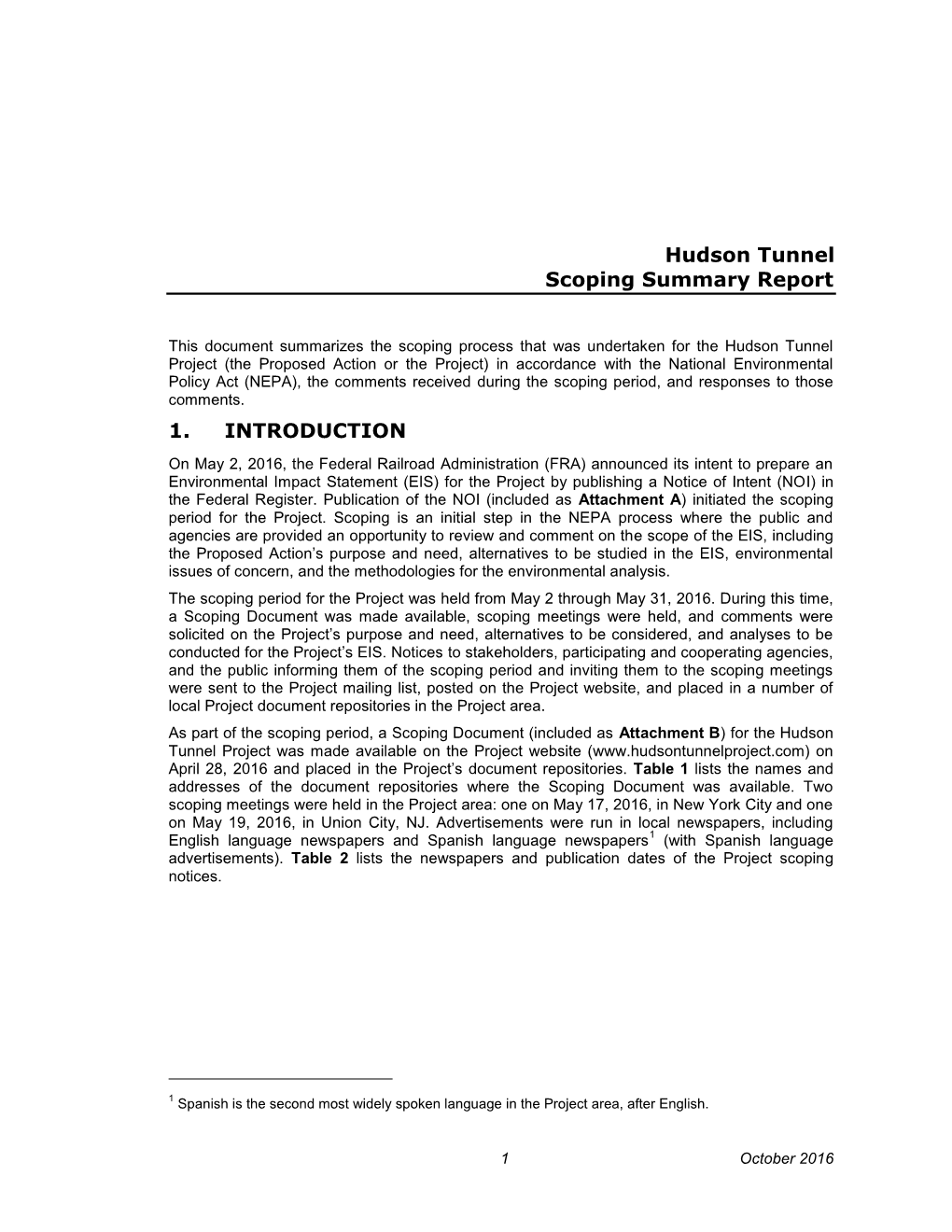 Hudson Tunnel Scoping Summary Report 1. INTRODUCTION