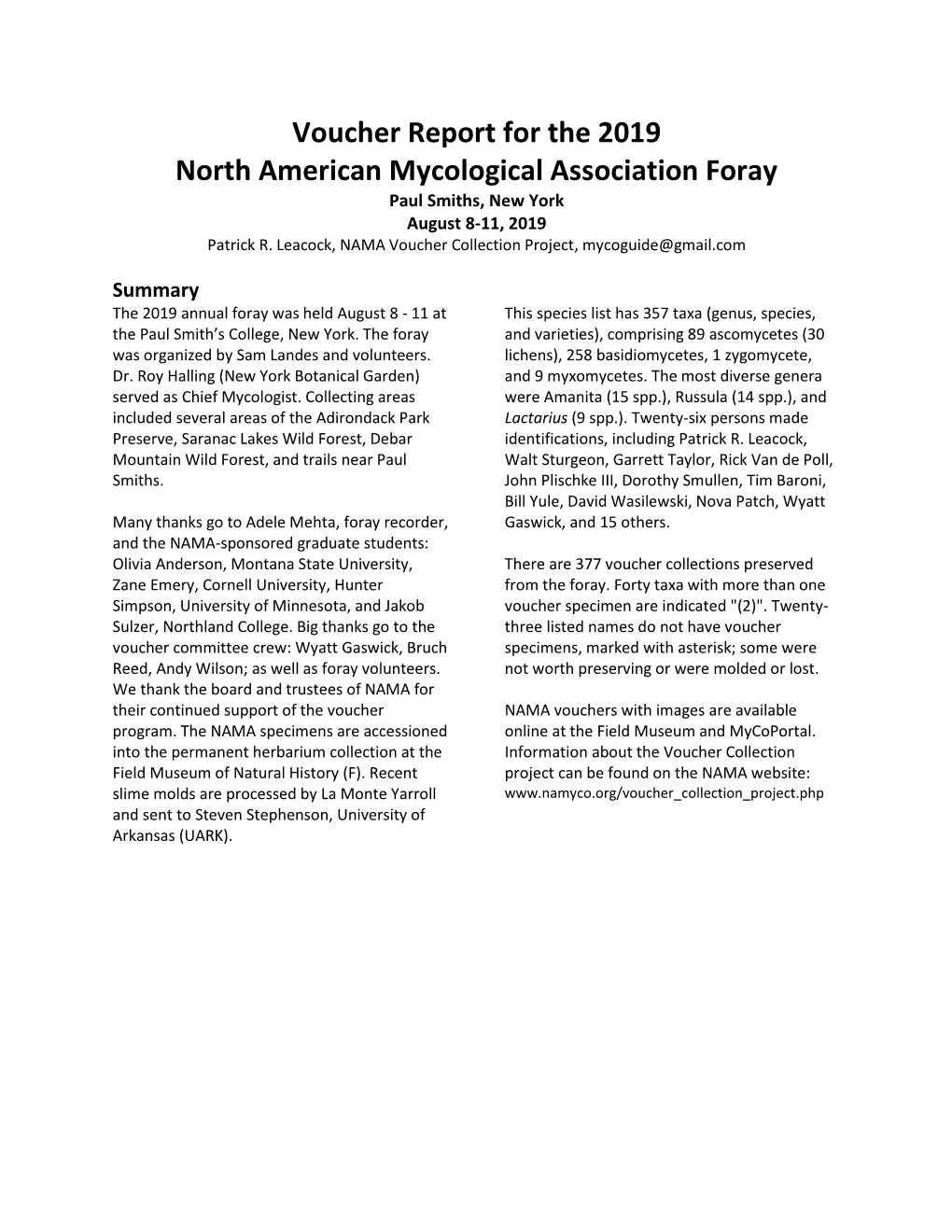 Voucher Report for the 2019 North American Mycological Association Foray Paul Smiths, New York August 8-11, 2019 Patrick R