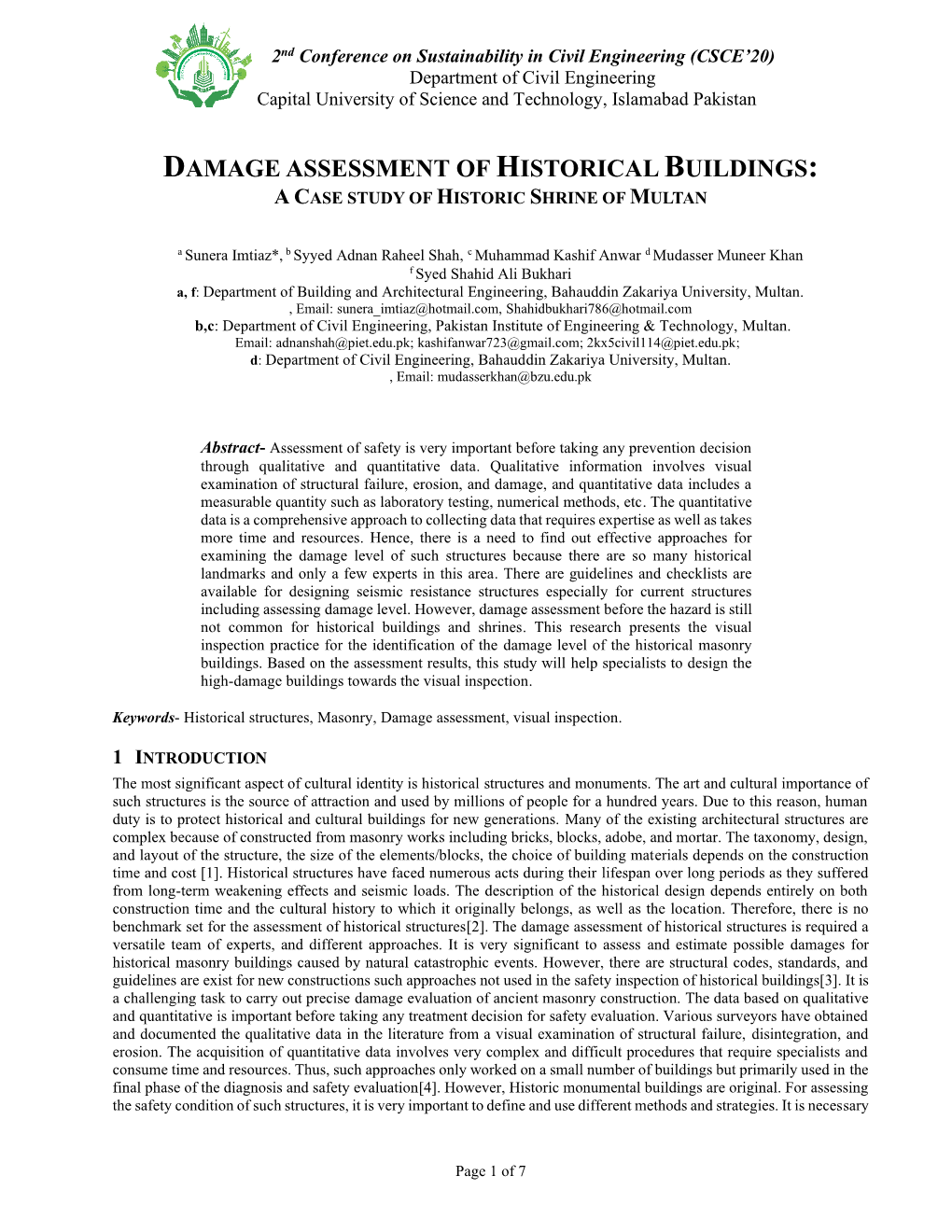 Damage Assessment of Historical Buildings: a Case Study of Historic Shrine of Multan