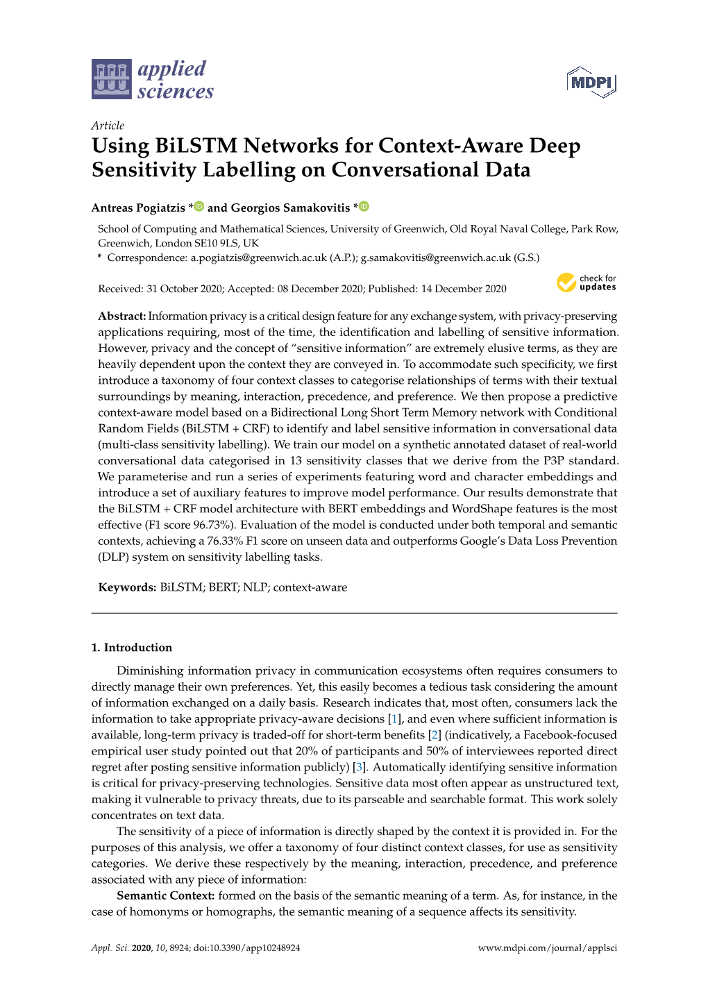 Using Bilstm Networks for Context-Aware Deep Sensitivity Labelling on Conversational Data