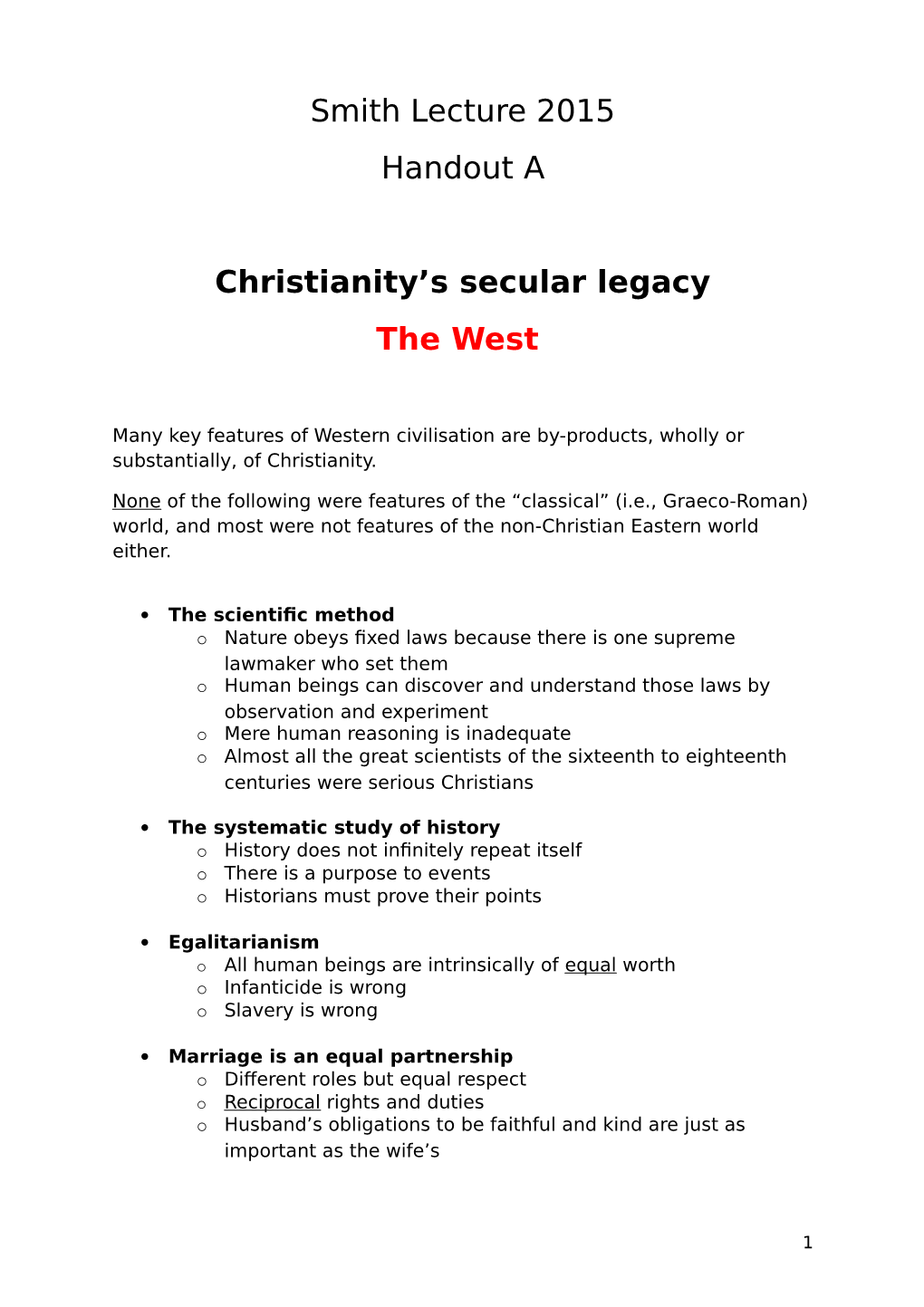 Smith Lecture 2015 Handout a Christianity's Secular Legacy the West