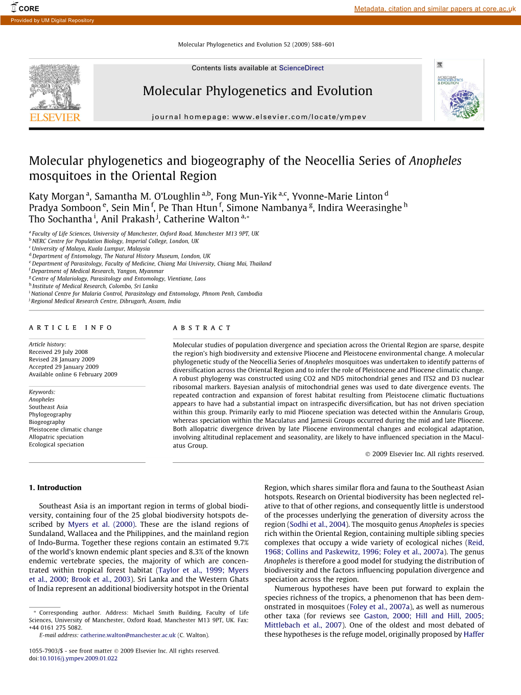 Molecular Phylogenetics and Biogeography of the Neocellia Series of Anopheles Mosquitoes in the Oriental Region