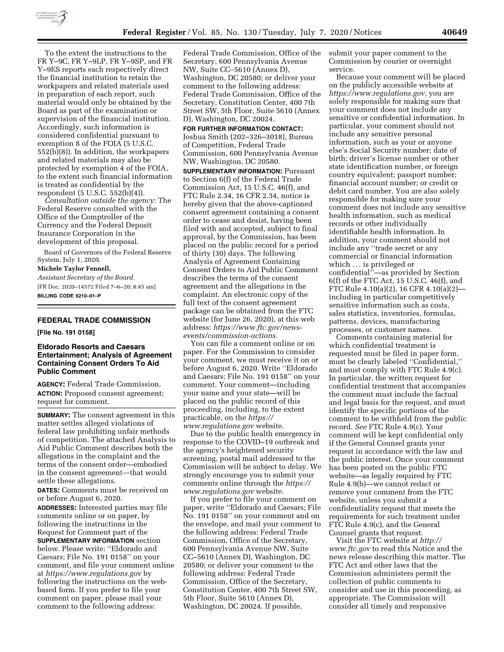 Federal Register/Vol. 85, No. 130/Tuesday, July 7, 2020/Notices