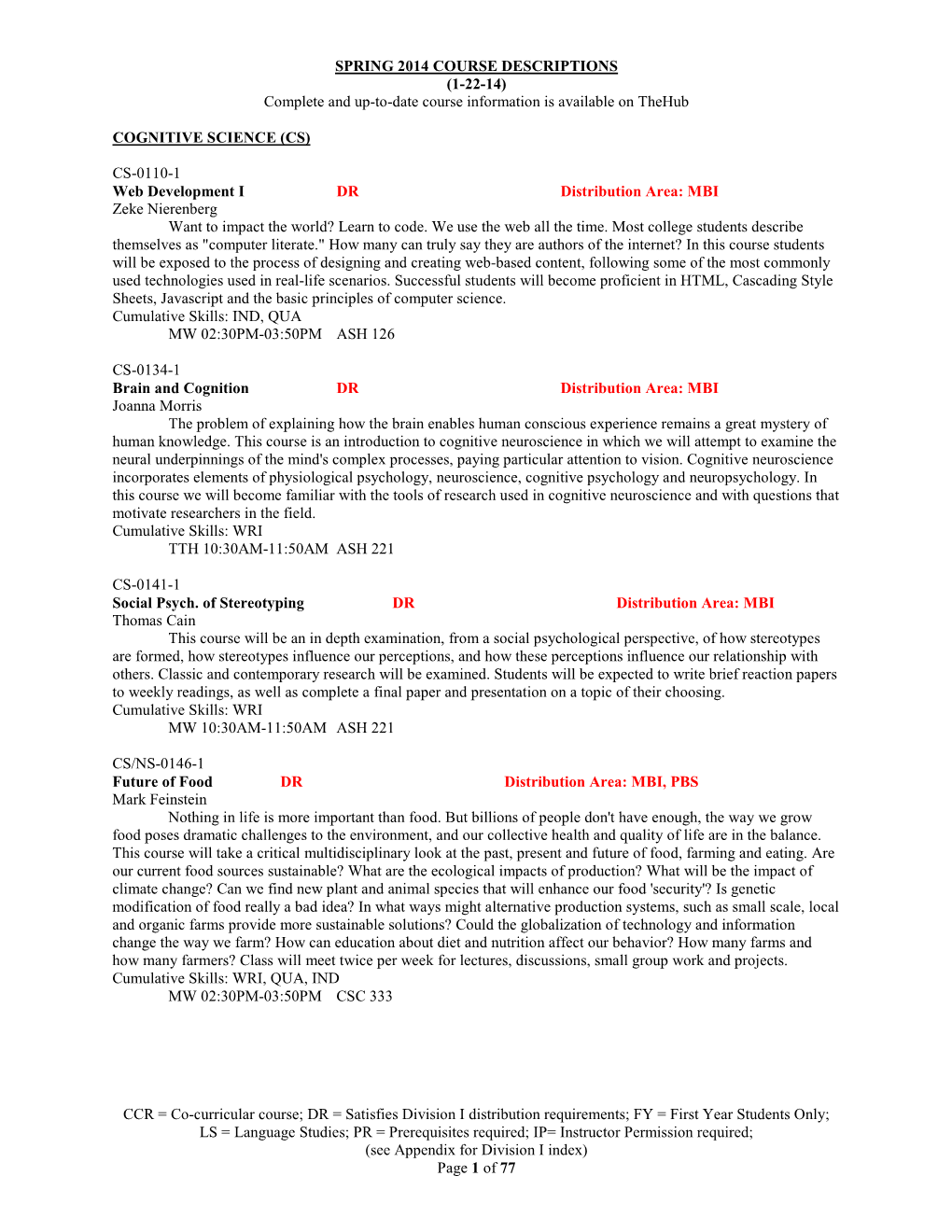 SPRING 2014 COURSE DESCRIPTIONS (1-22-14) Complete and Up-To-Date Course Information Is Available on Thehub