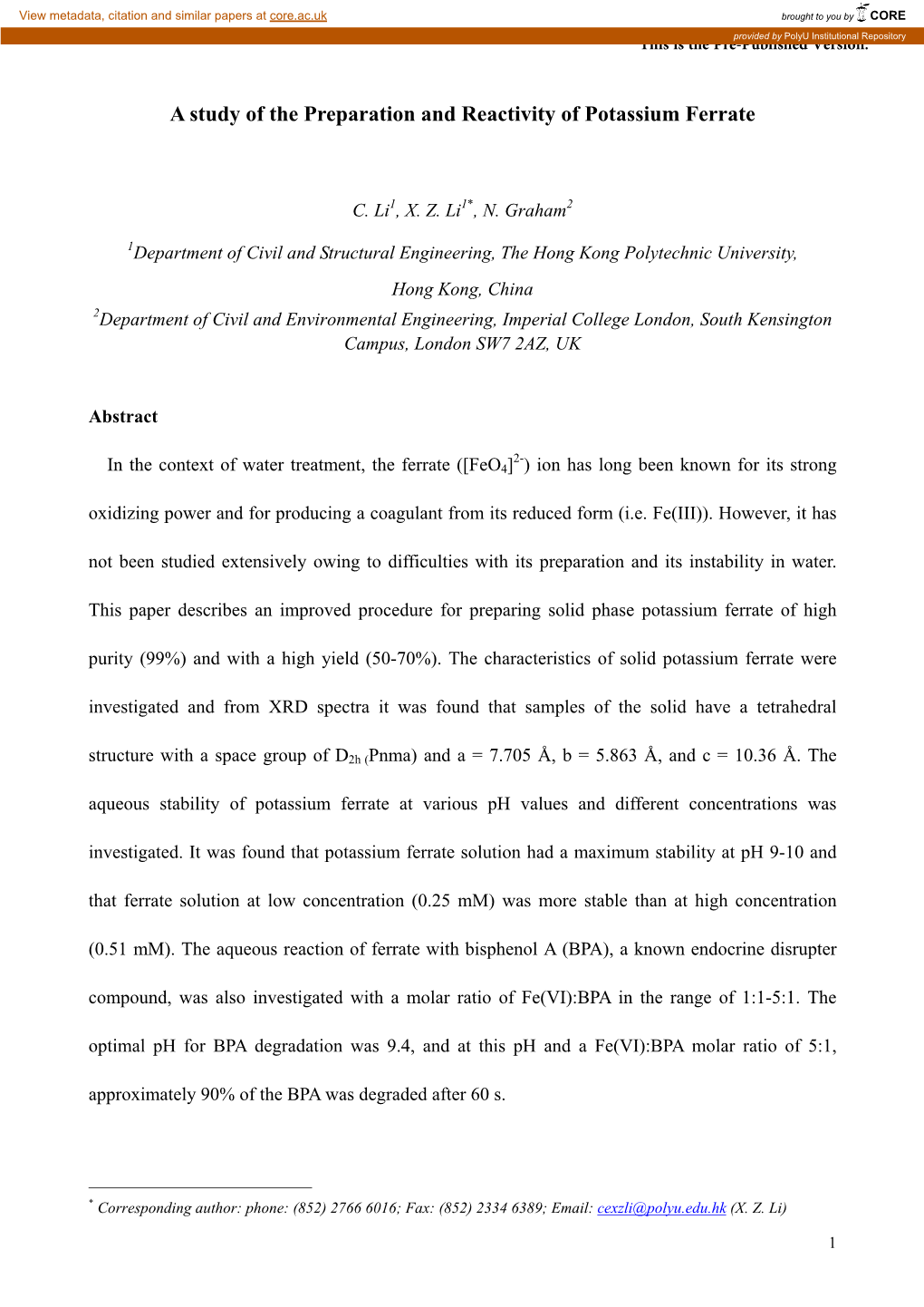 Degradation of Bisphenol a by Potassium Ferrate