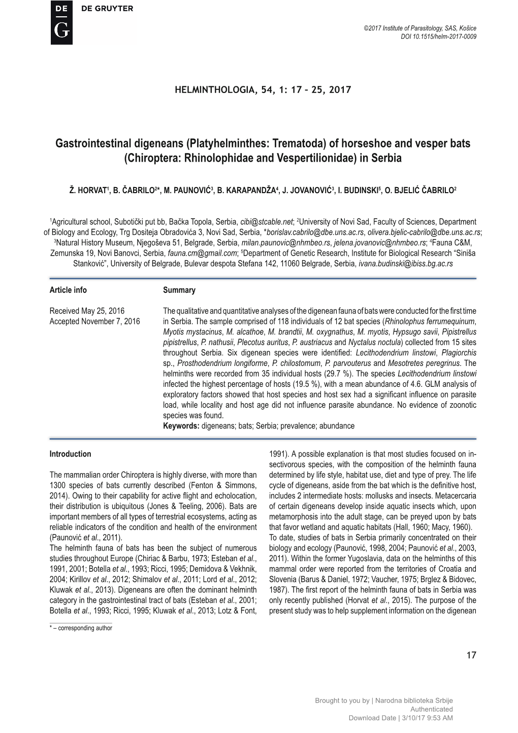 Gastrointestinal Digeneans (Platyhelminthes: Trematoda) of Horseshoe and Vesper Bats (Chiroptera: Rhinolophidae and Vespertilionidae) in Serbia