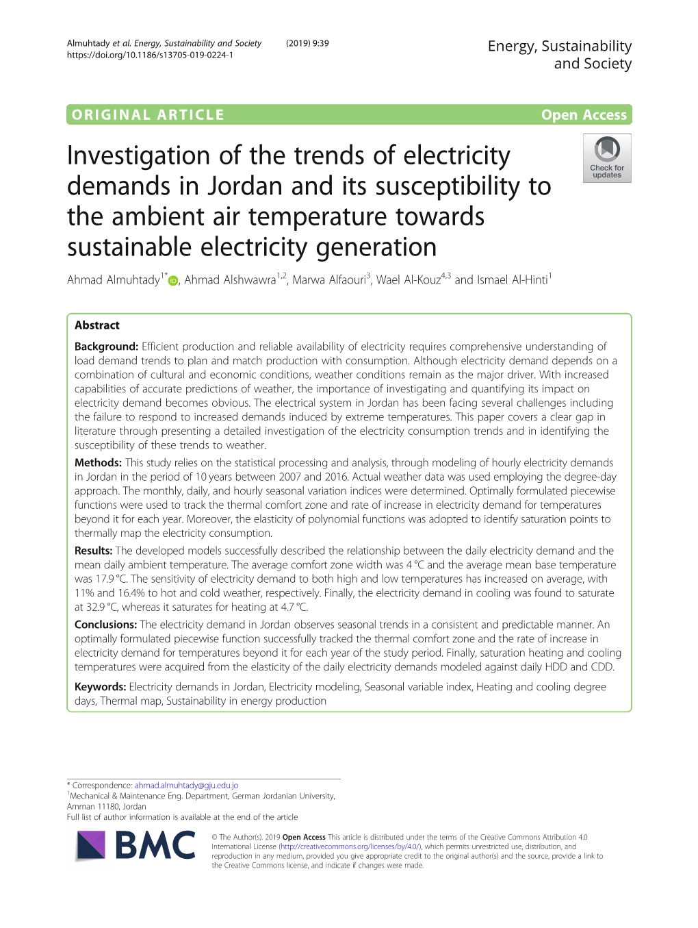Investigation of the Trends of Electricity Demands in Jordan and Its
